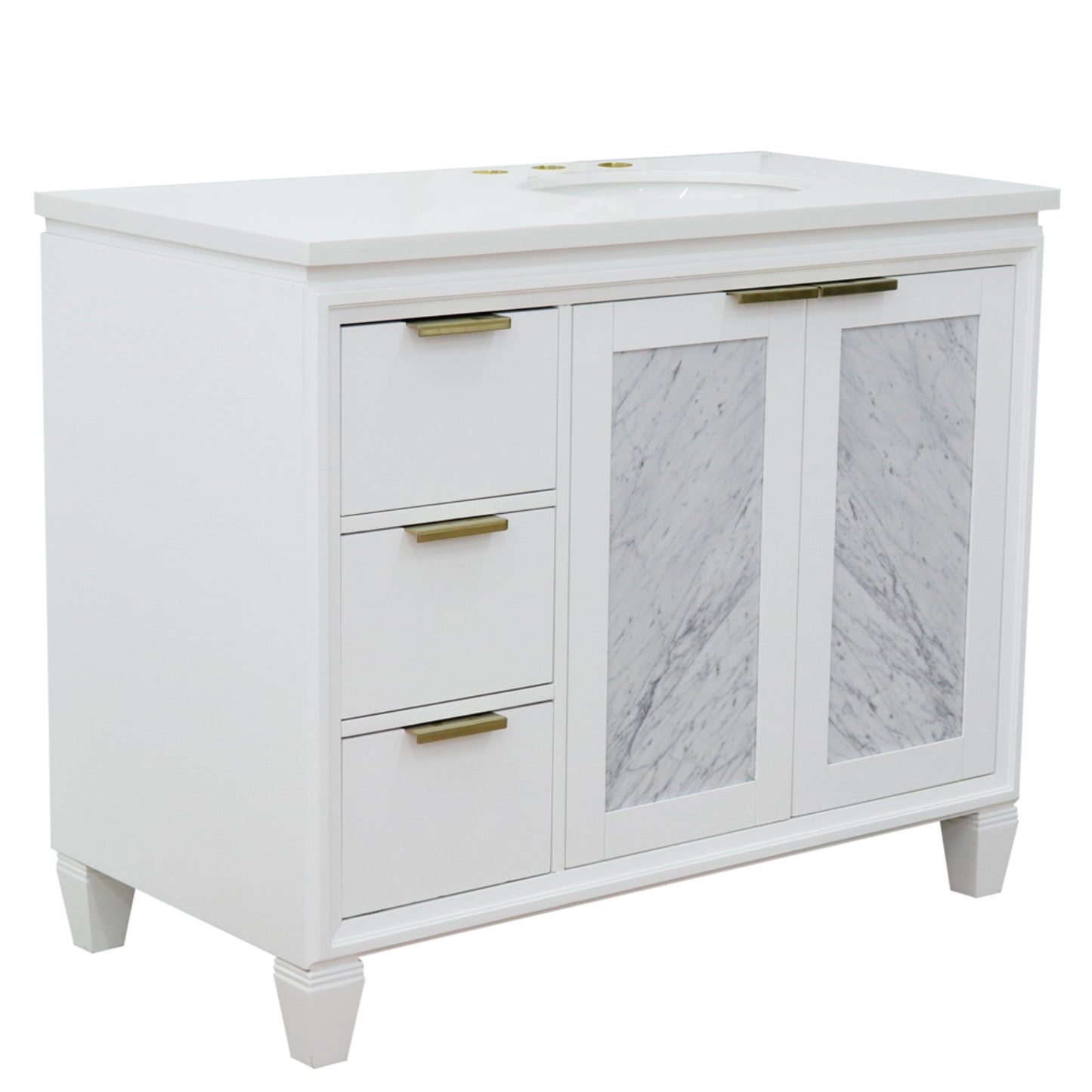 43" Single vanity in White finish with White engineered stone and oval sink Right door/Right sink
