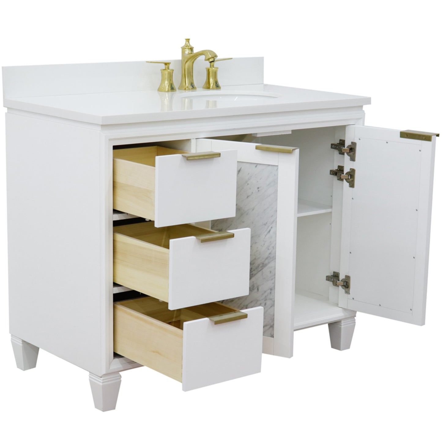 43" Single vanity in White finish with White engineered stone and oval sink Right door/Right sink