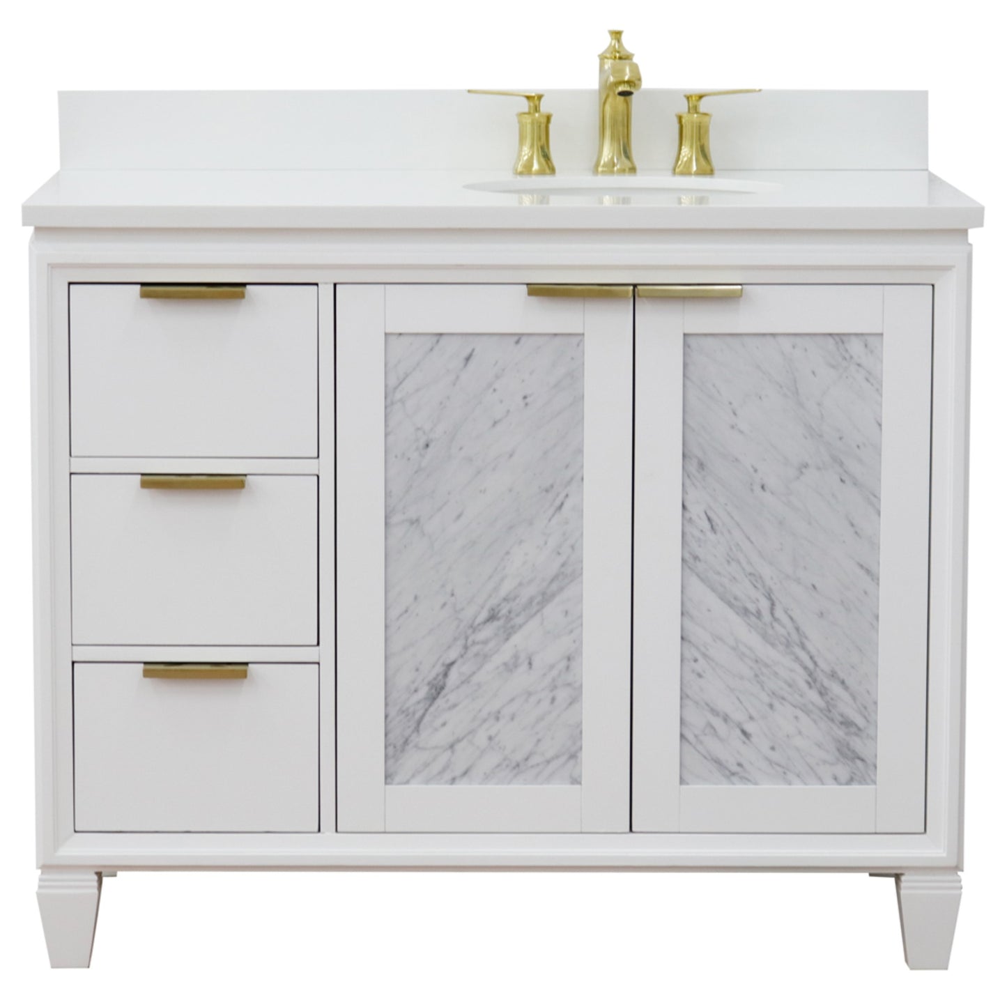 43" Single vanity in White finish with White engineered stone and oval sink Right door/Right sink