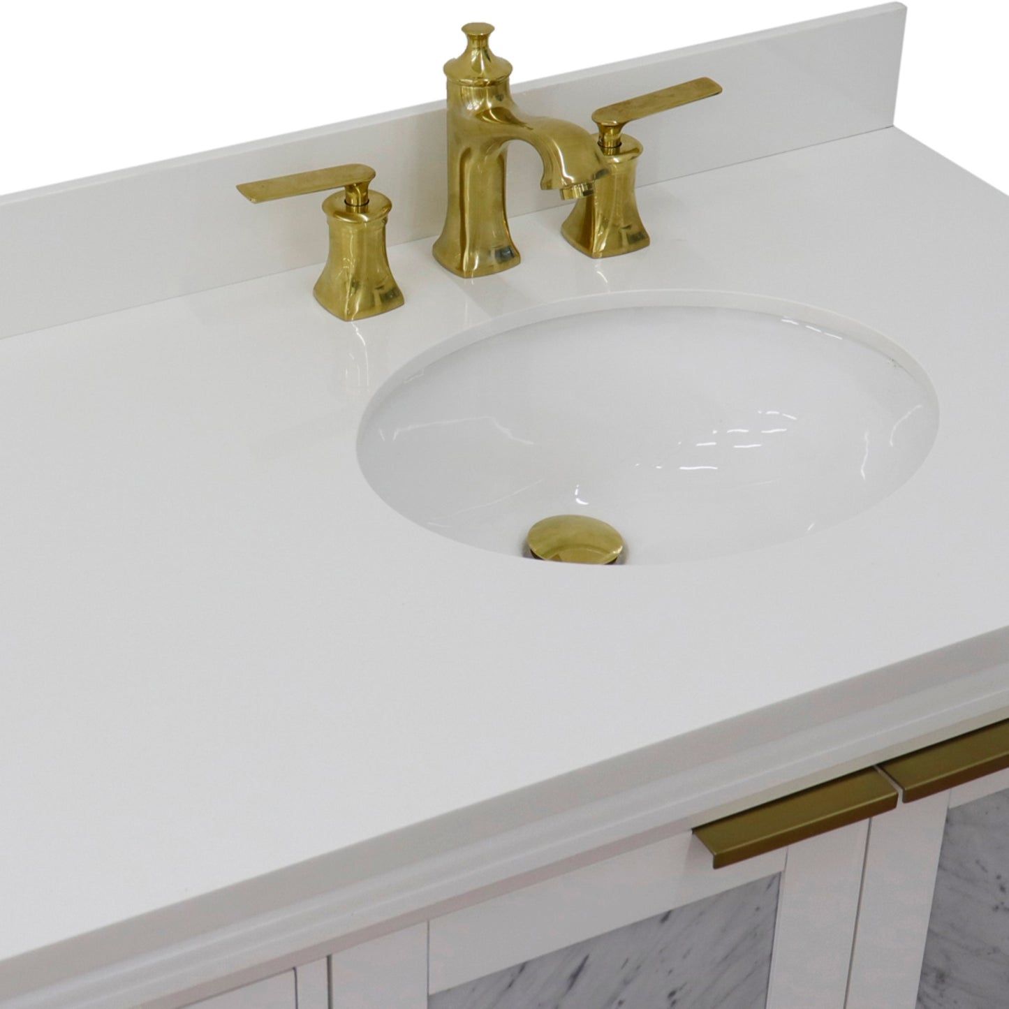 43" Single vanity in White finish with White engineered stone and oval sink Right door/Right sink