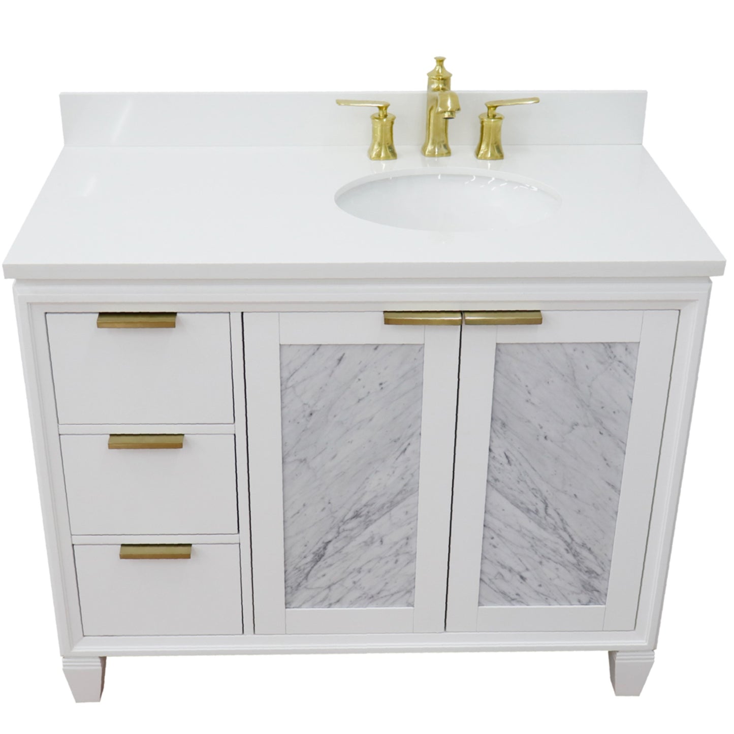 43" Single vanity in White finish with White engineered stone and oval sink Right door/Right sink