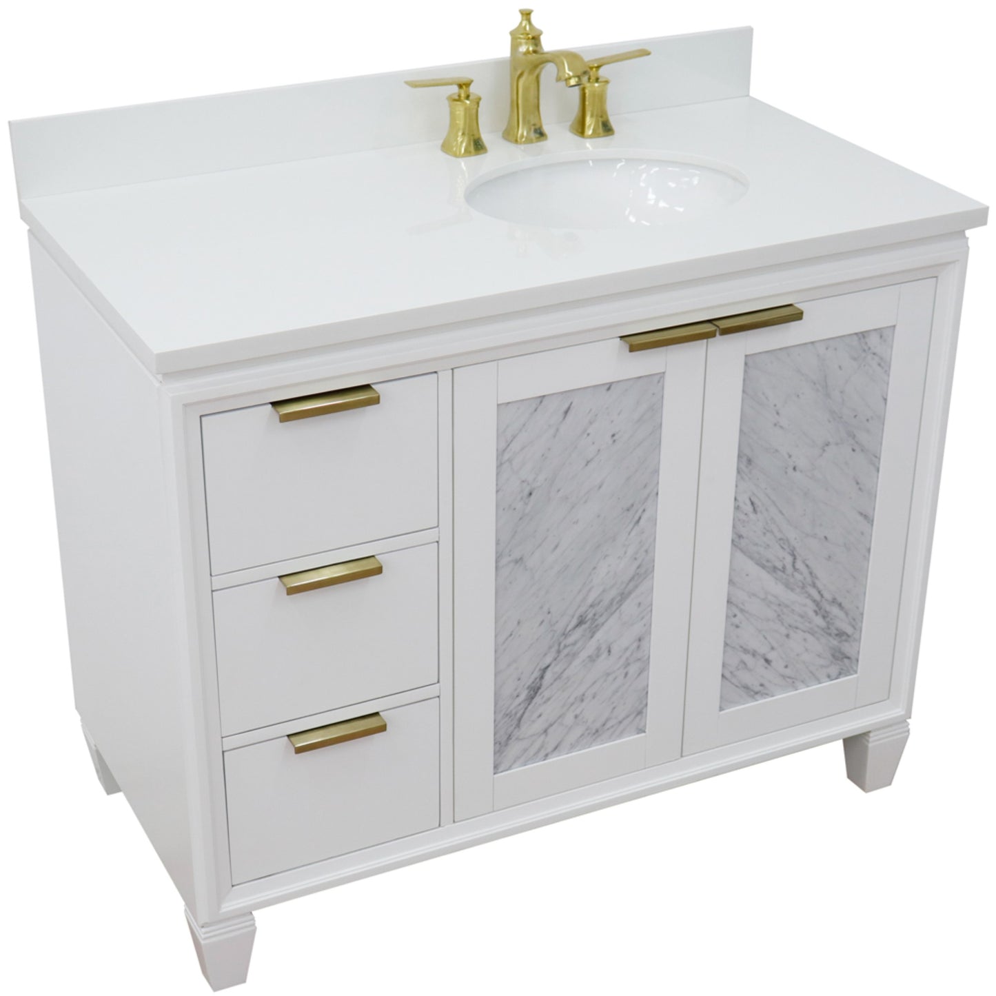 43" Single vanity in White finish with White engineered stone and oval sink Right door/Right sink