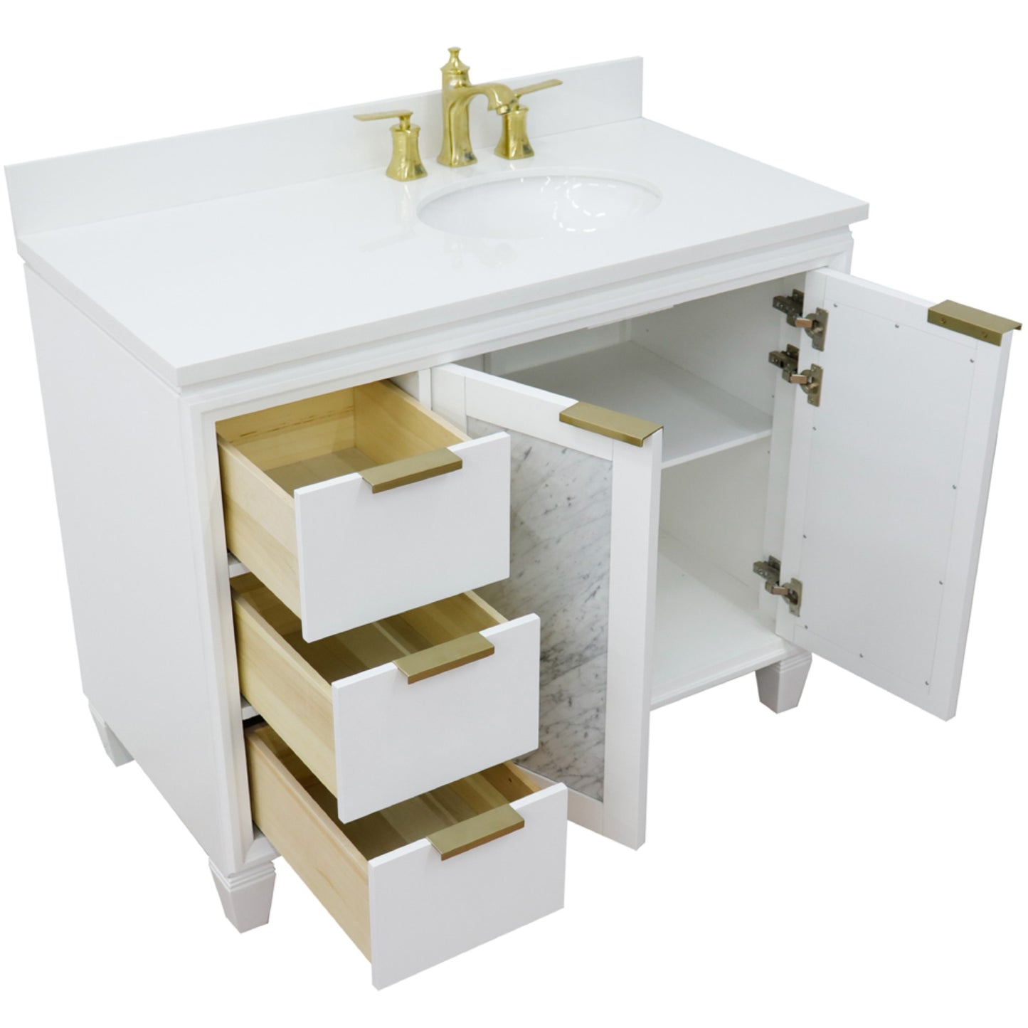 43" Single vanity in White finish with White engineered stone and oval sink Right door/Right sink