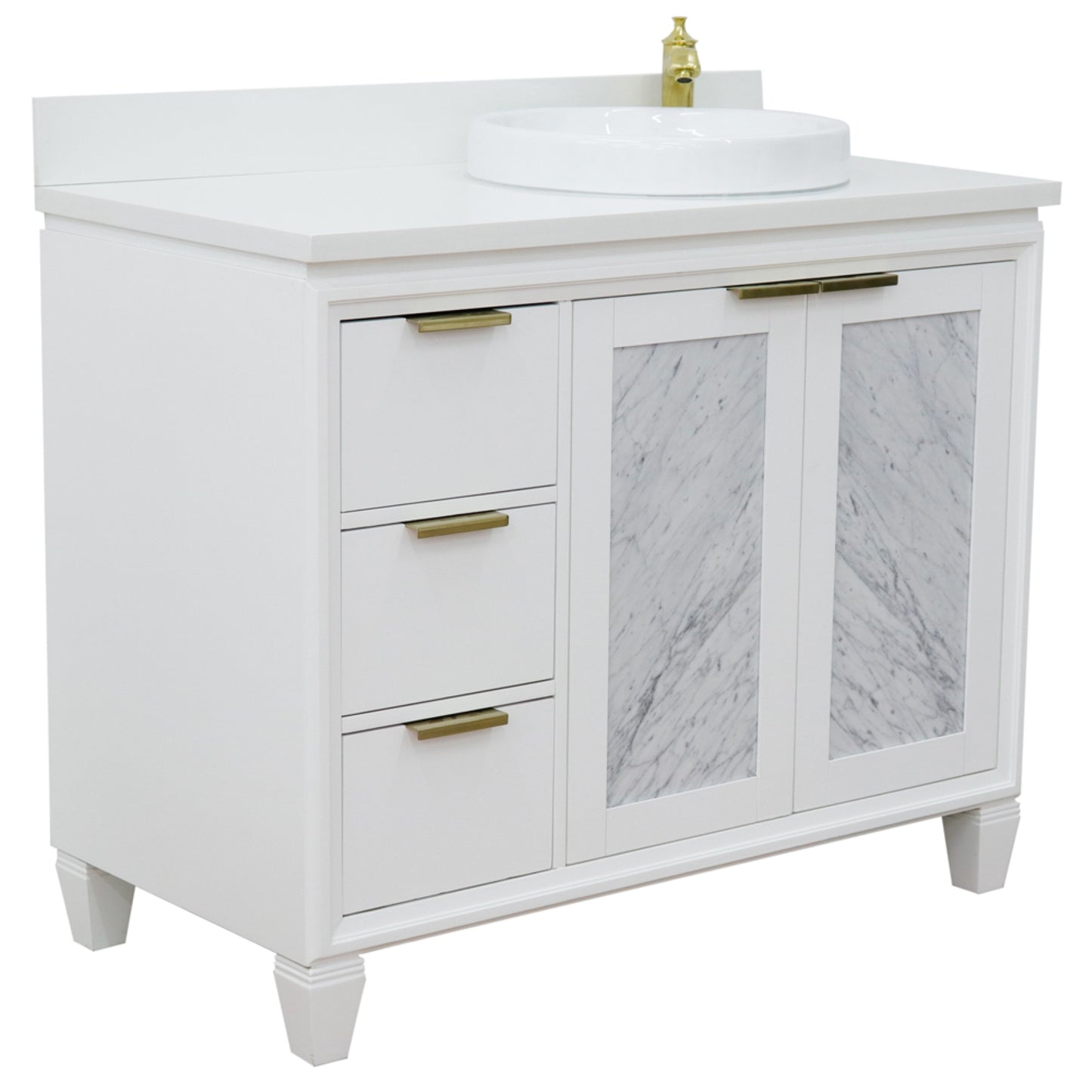43" Single vanity in White finish with White engineered stone and round sink Right door/Right sink