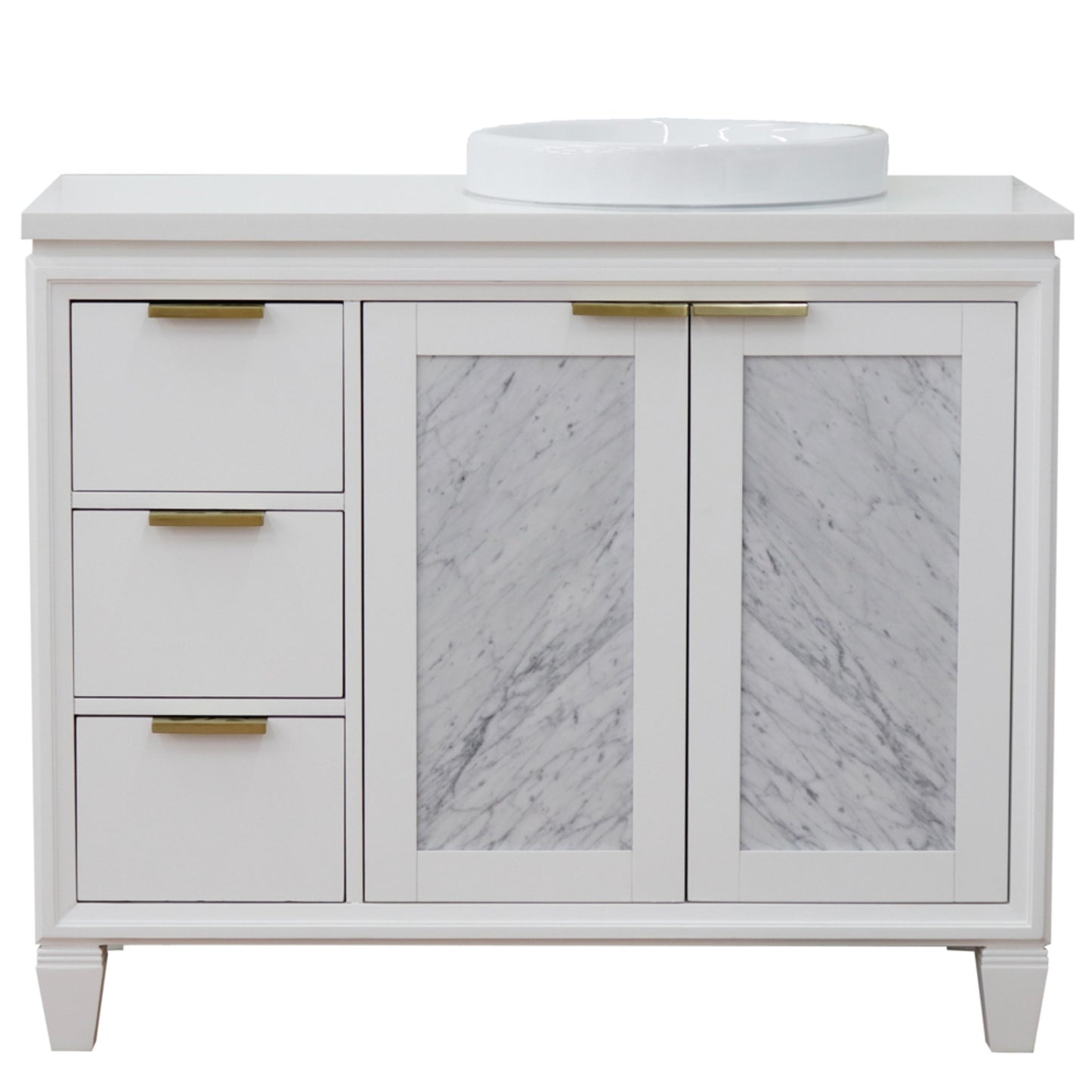 43" Single vanity in White finish with White engineered stone and round sink Right door/Right sink