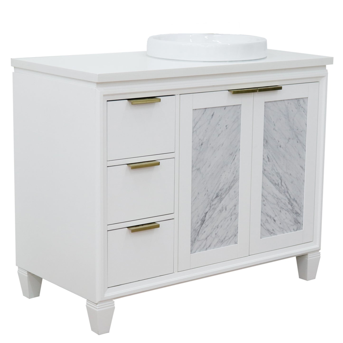 43" Single vanity in White finish with White engineered stone and round sink Right door/Right sink