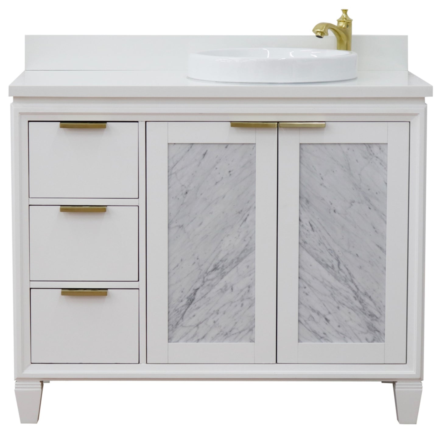 43" Single vanity in White finish with White engineered stone and round sink Right door/Right sink