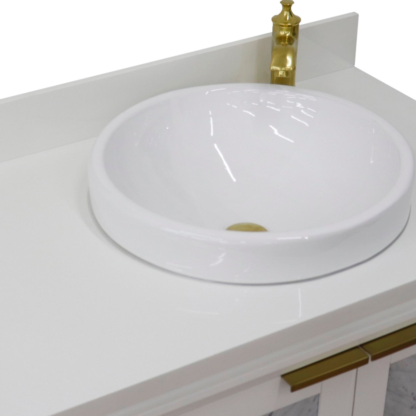 43" Single vanity in White finish with White engineered stone and round sink Right door/Right sink