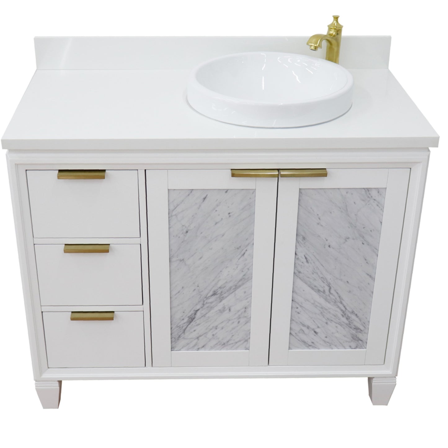 43" Single vanity in White finish with White engineered stone and round sink Right door/Right sink
