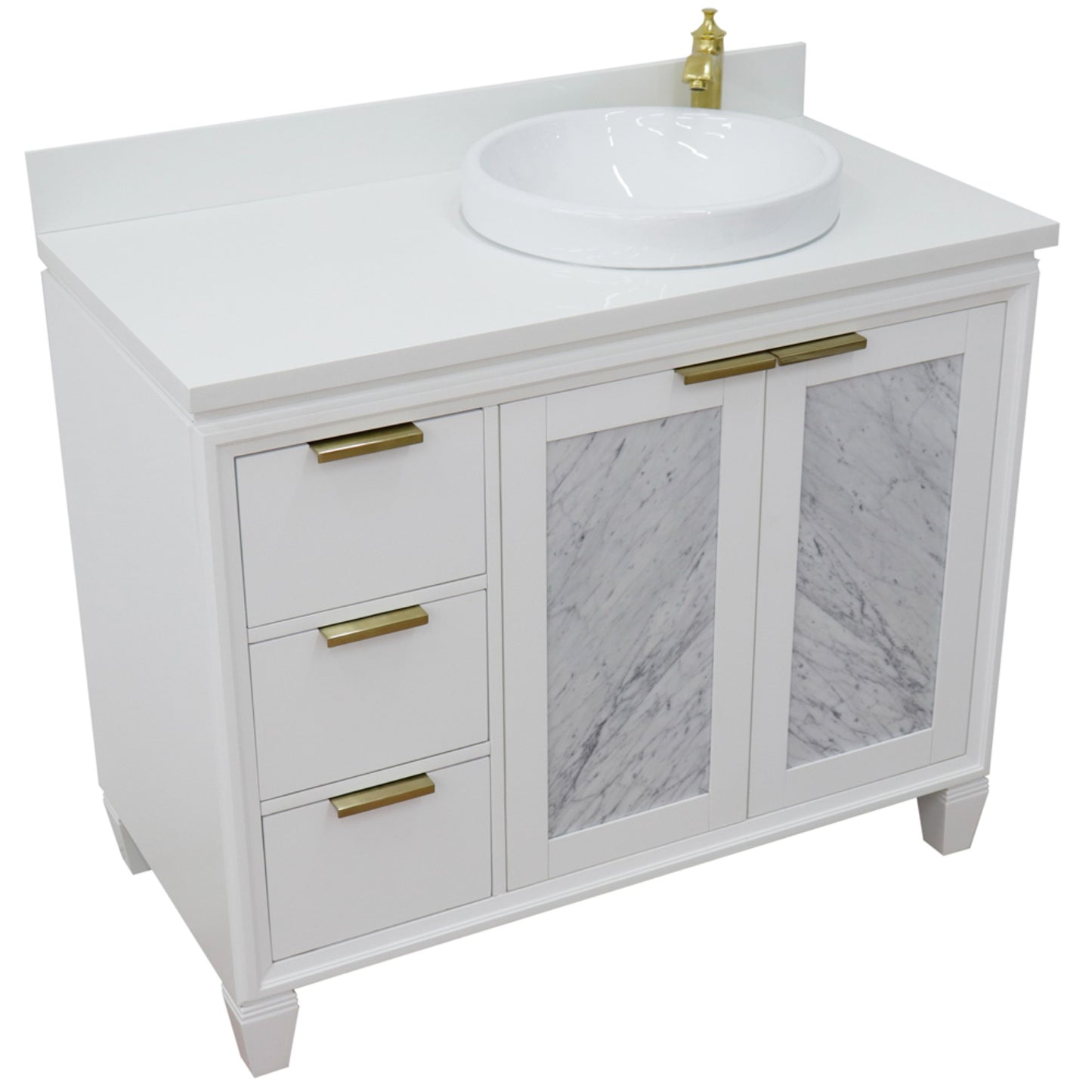 43" Single vanity in White finish with White engineered stone and round sink Right door/Right sink