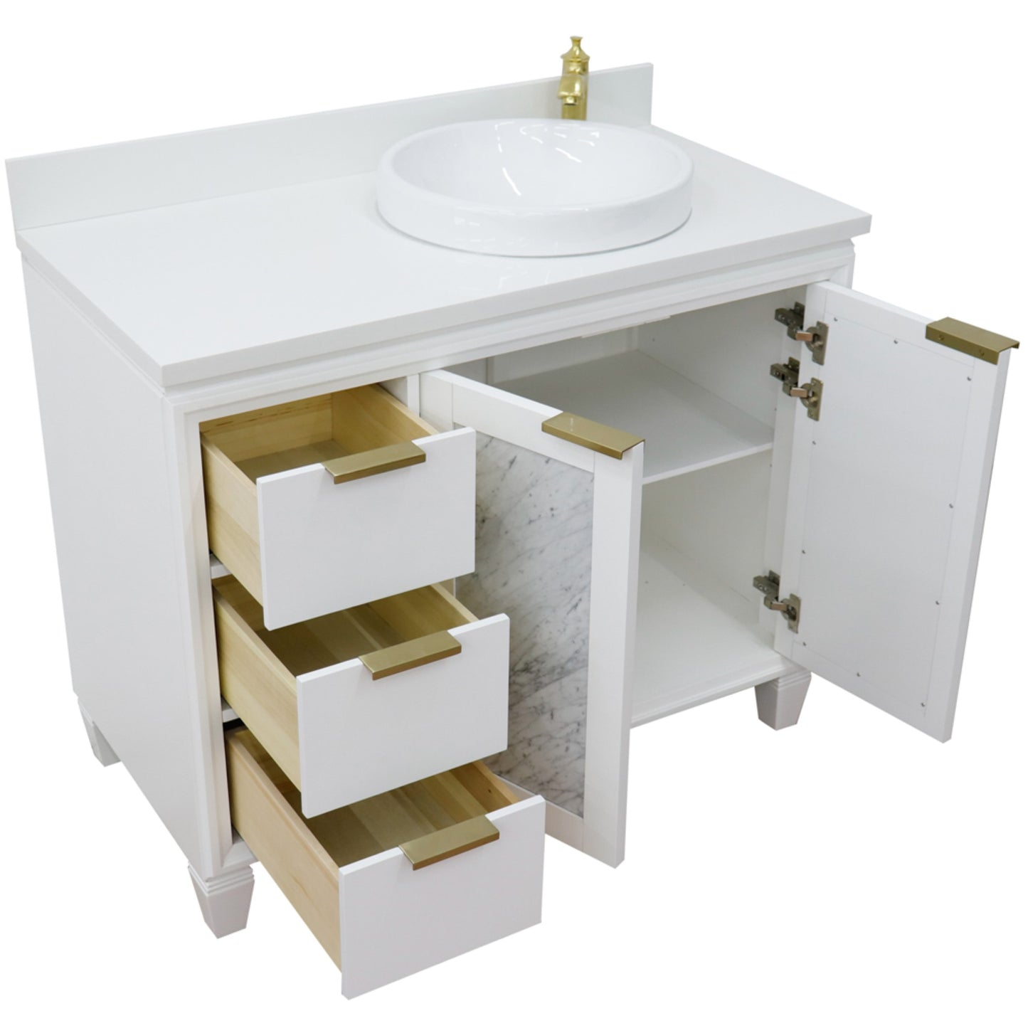 43" Single vanity in White finish with White engineered stone and round sink Right door/Right sink