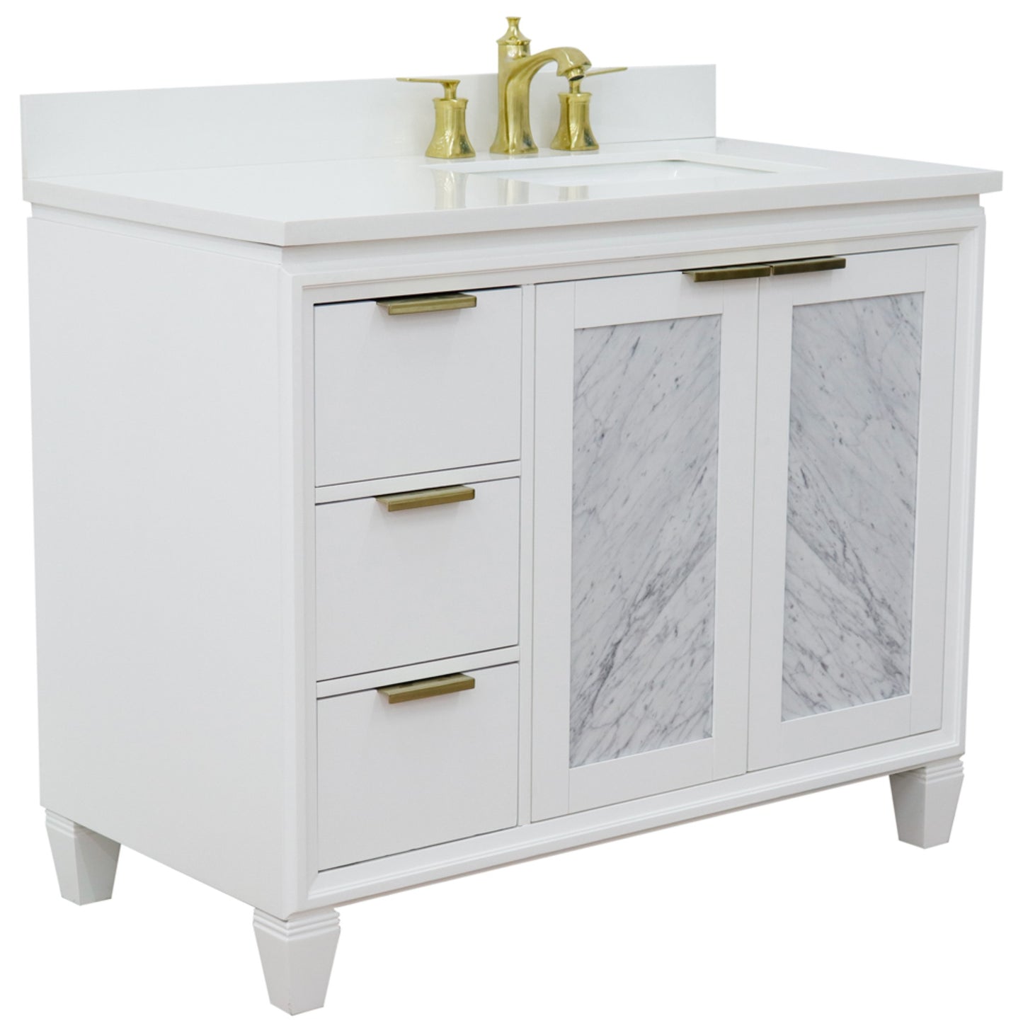 43" Single vanity in White finish with White engineered stone and rectangle sink Right door/Right sink