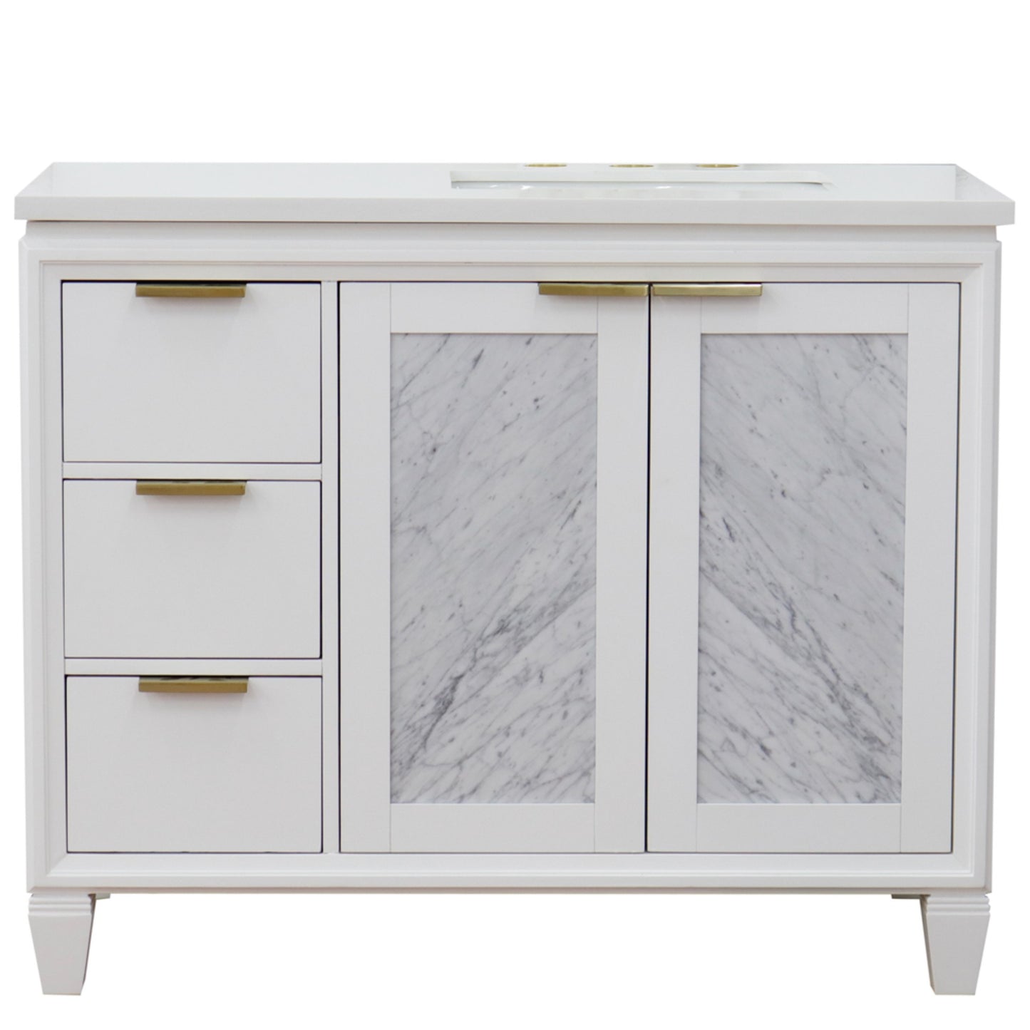 43" Single vanity in White finish with White engineered stone and rectangle sink Right door/Right sink