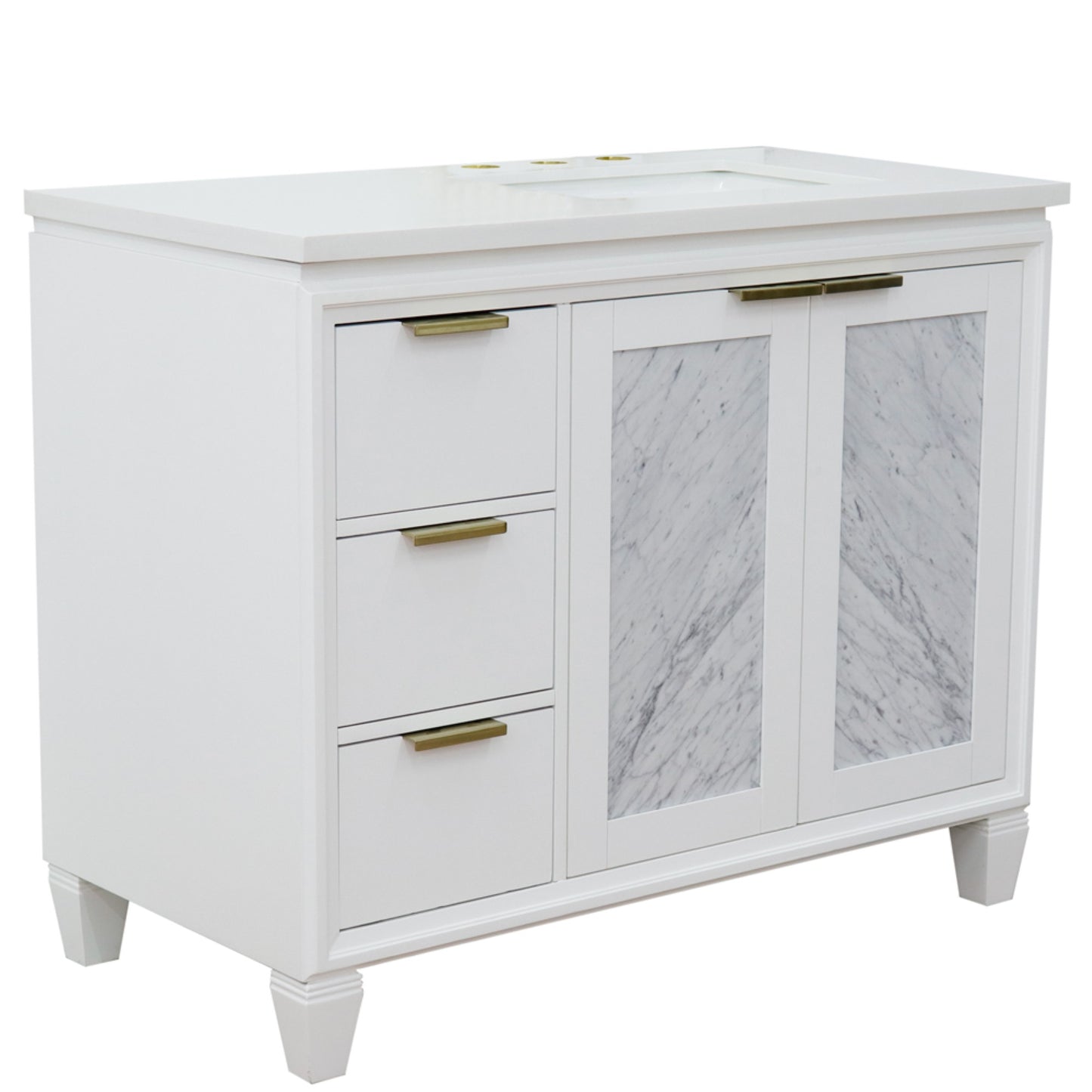 43" Single vanity in White finish with White engineered stone and rectangle sink Right door/Right sink