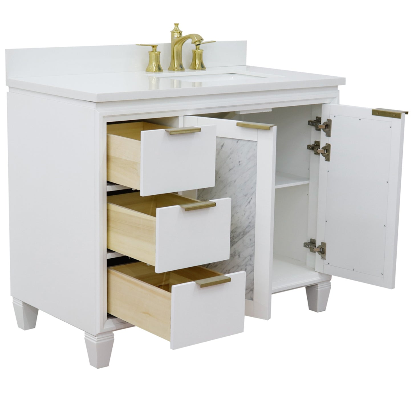43" Single vanity in White finish with White engineered stone and rectangle sink Right door/Right sink