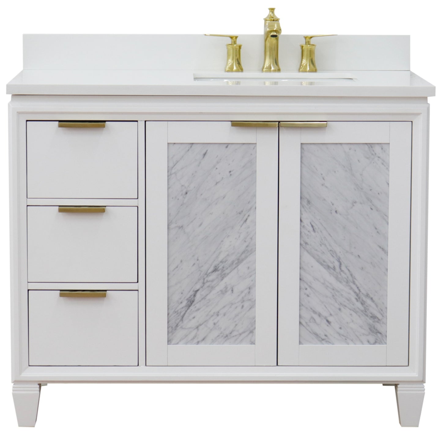 43" Single vanity in White finish with White engineered stone and rectangle sink Right door/Right sink