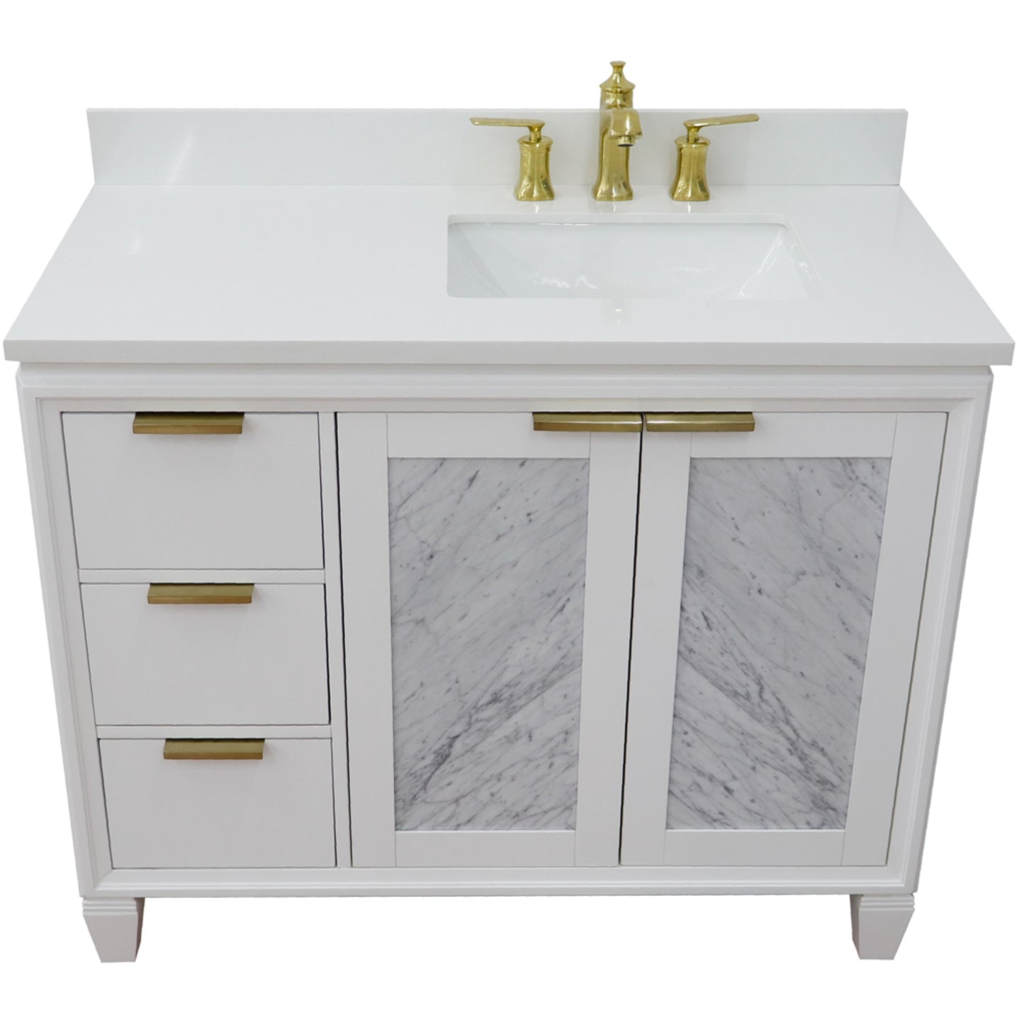 43" Single vanity in White finish with White engineered stone and rectangle sink Right door/Right sink