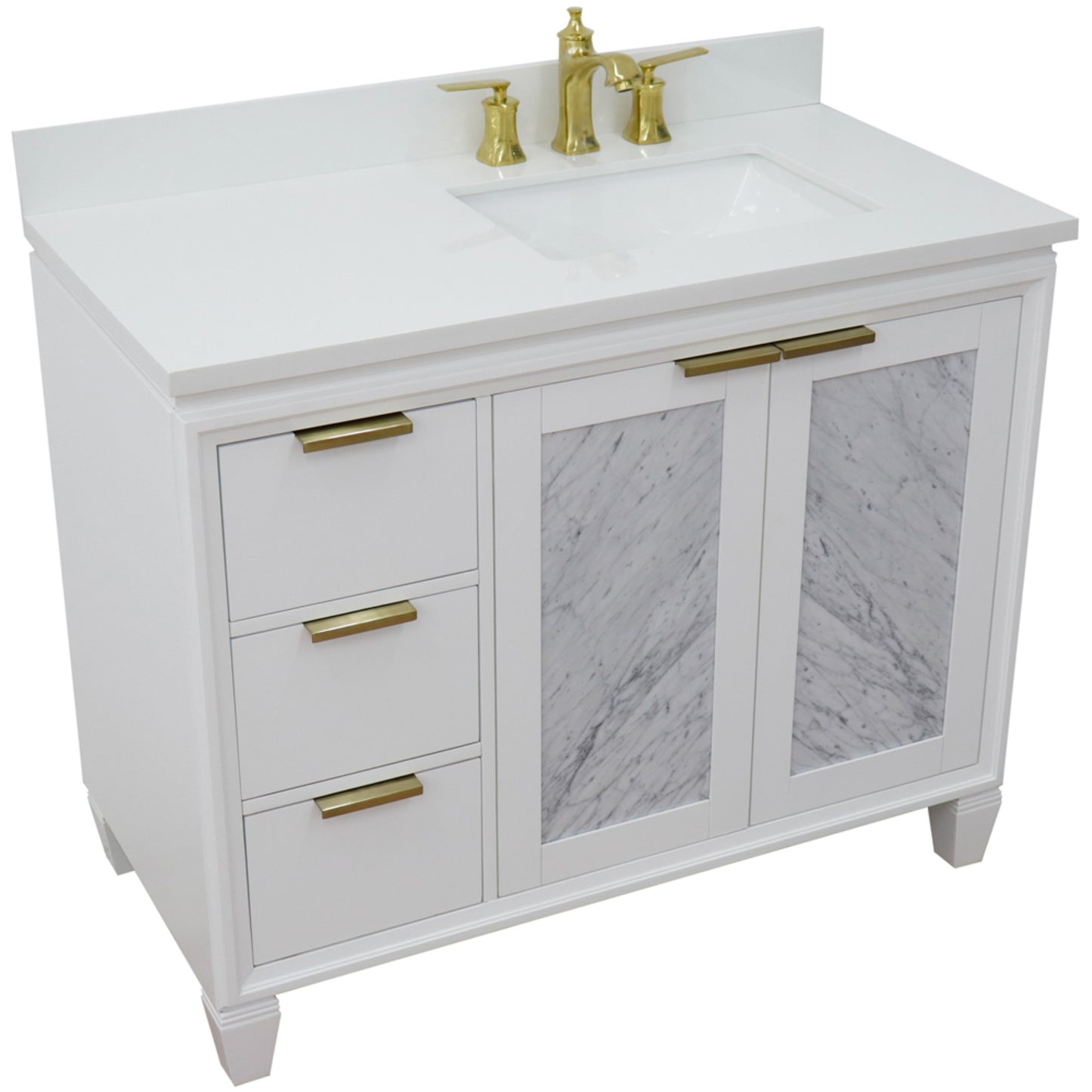 43" Single vanity in White finish with White engineered stone and rectangle sink Right door/Right sink