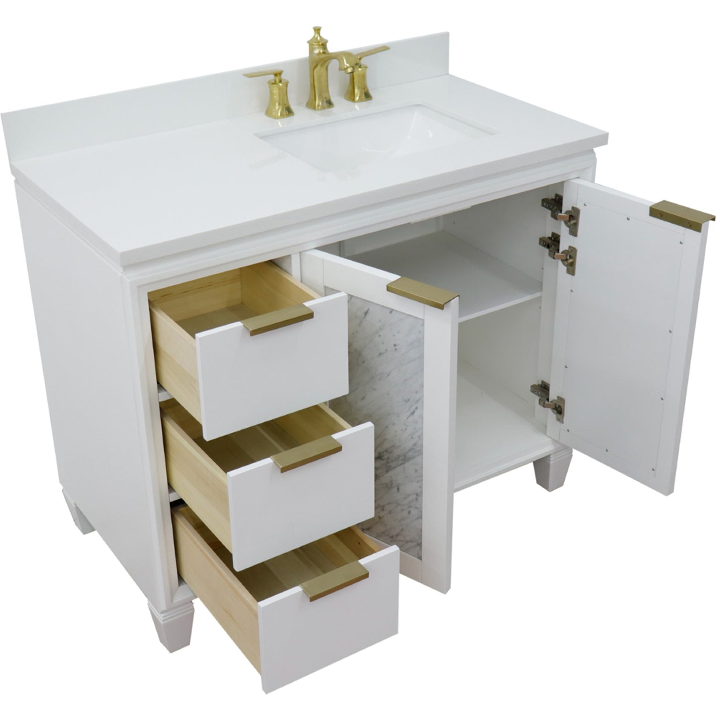 43" Single vanity in White finish with White engineered stone and rectangle sink Right door/Right sink