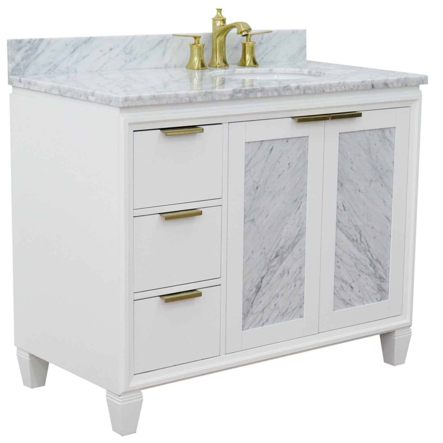 43" Single vanity in White finish with White Carrara and oval sink Right door/Right sink