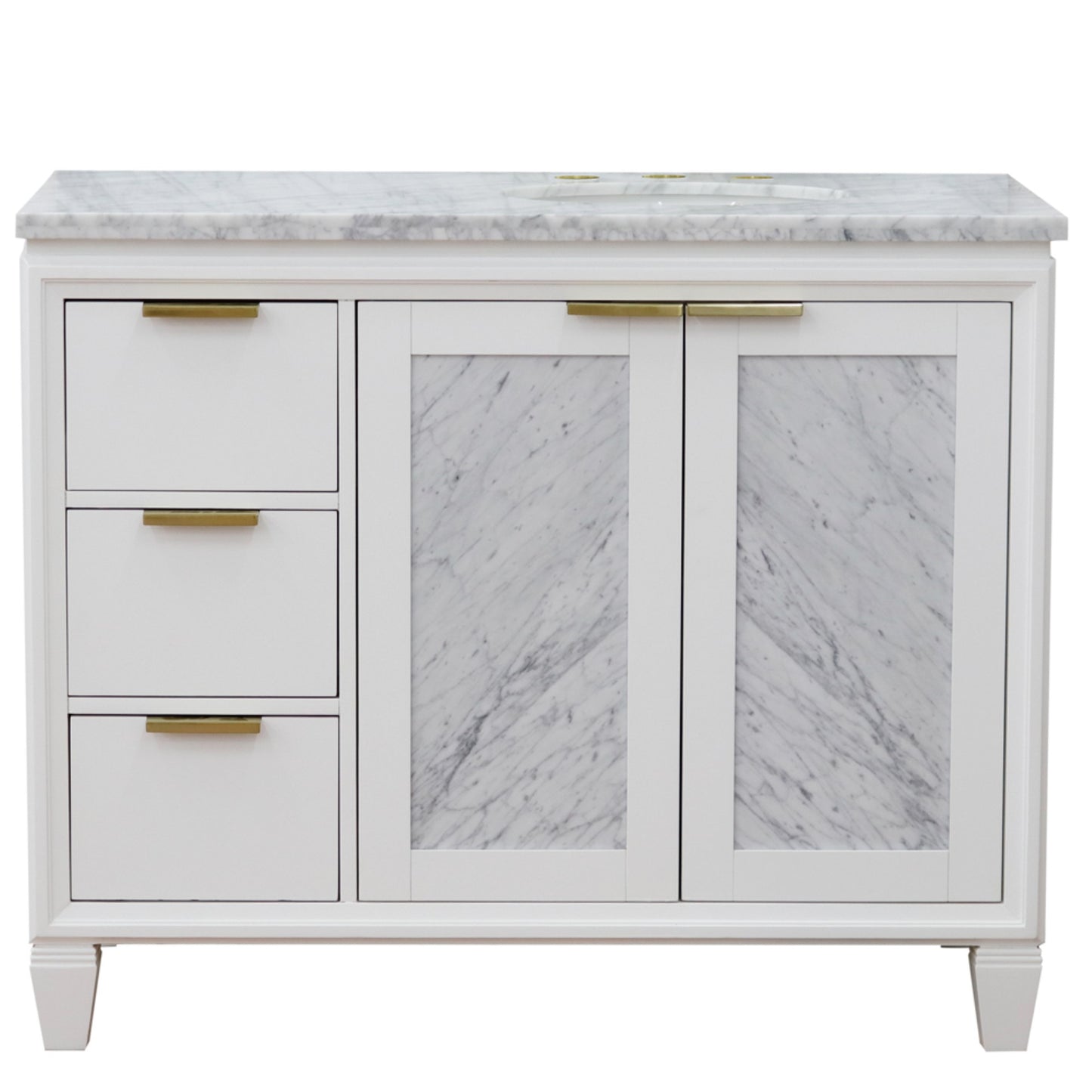 43" Single vanity in White finish with White Carrara and oval sink Right door/Right sink