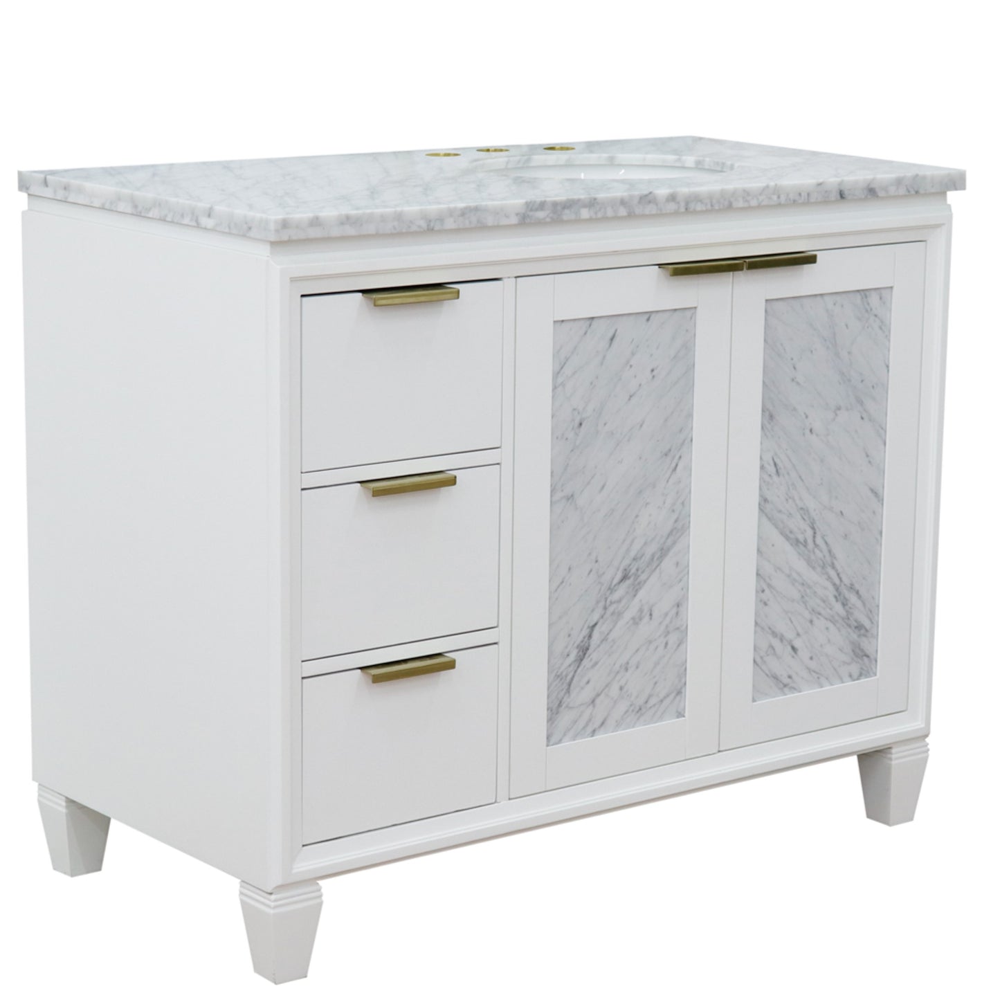 43" Single vanity in White finish with White Carrara and oval sink Right door/Right sink