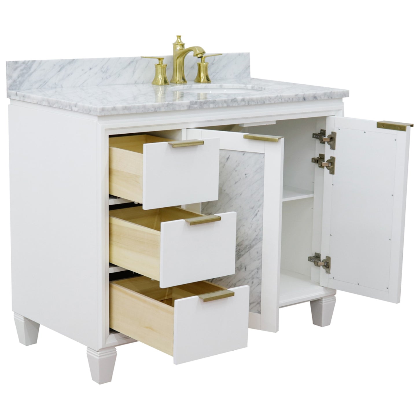 43" Single vanity in White finish with White Carrara and oval sink Right door/Right sink