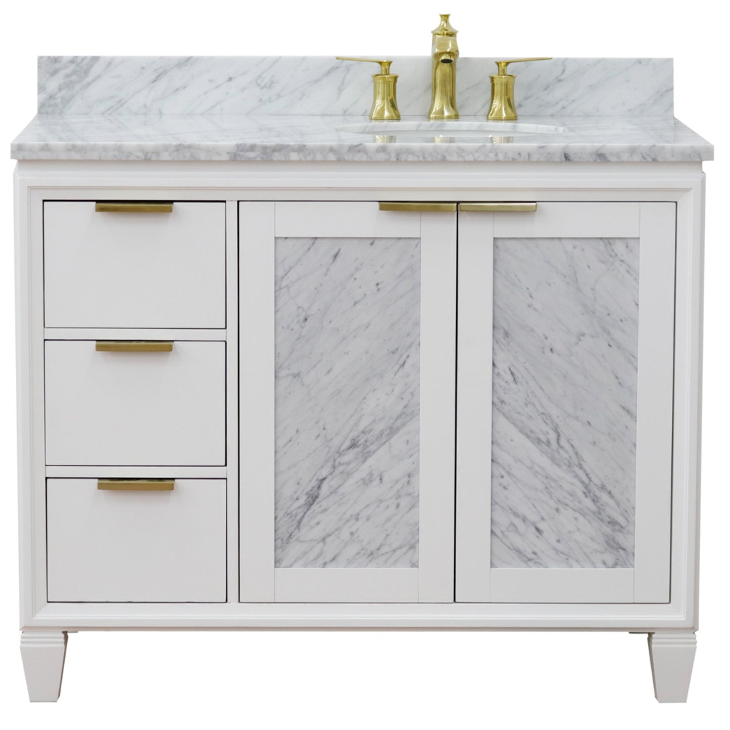 43" Single vanity in White finish with White Carrara and oval sink Right door/Right sink