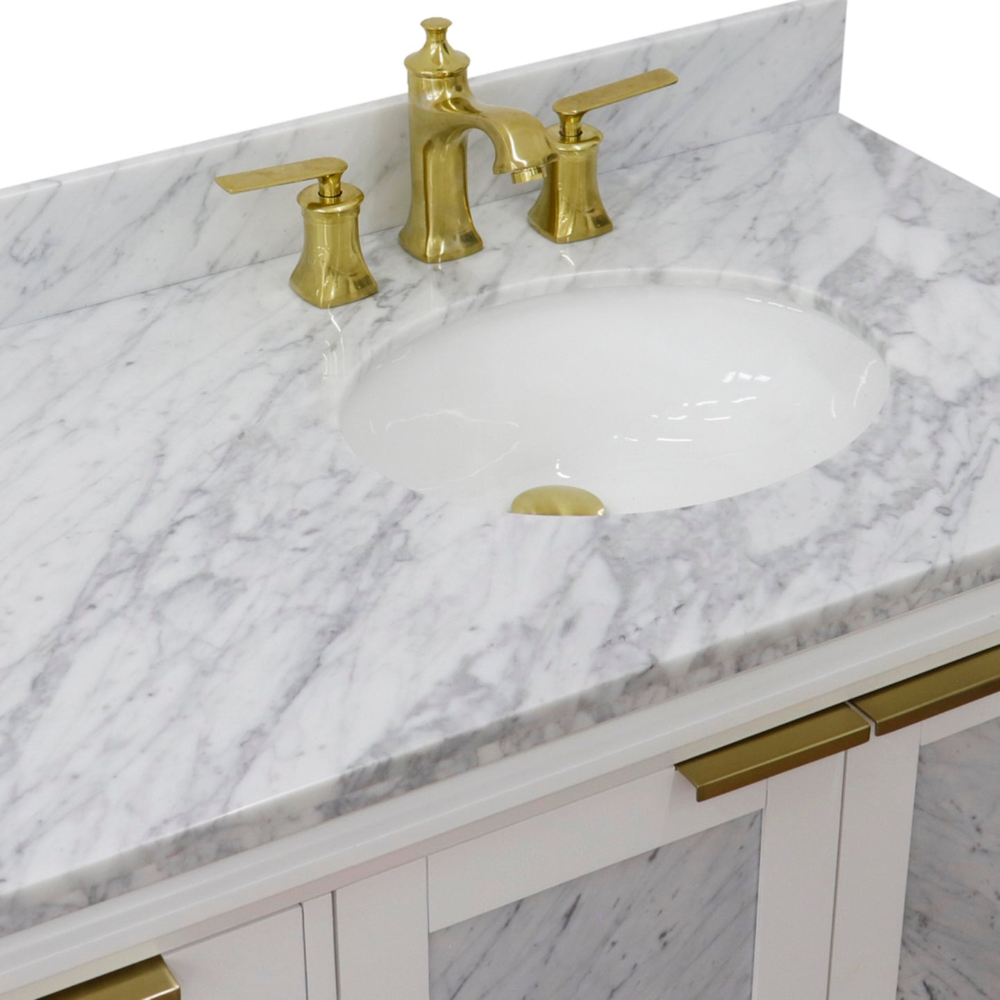 43" Single vanity in White finish with White Carrara and oval sink Right door/Right sink