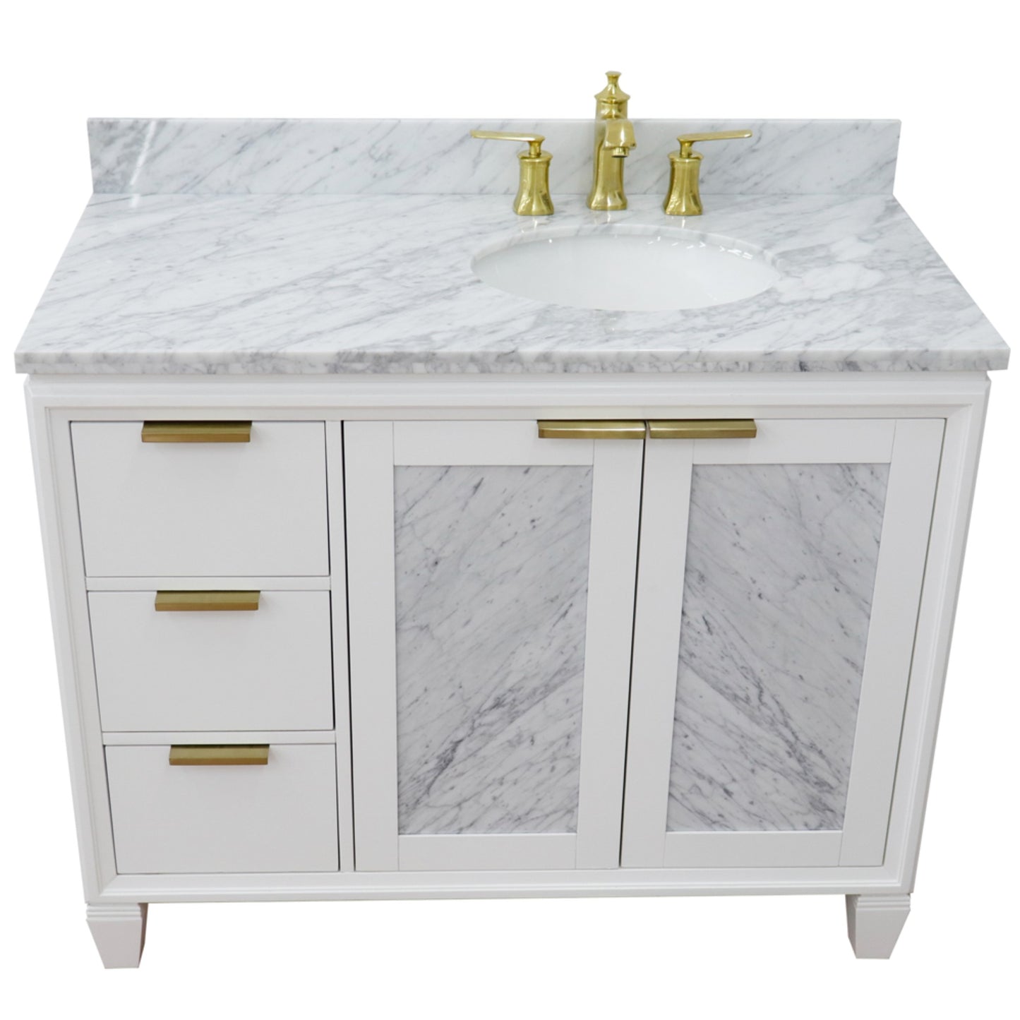43" Single vanity in White finish with White Carrara and oval sink Right door/Right sink