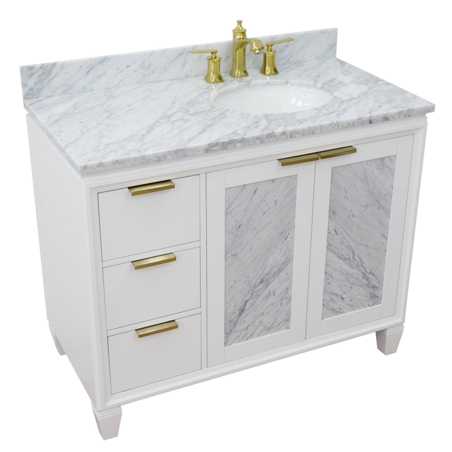 43" Single vanity in White finish with White Carrara and oval sink Right door/Right sink