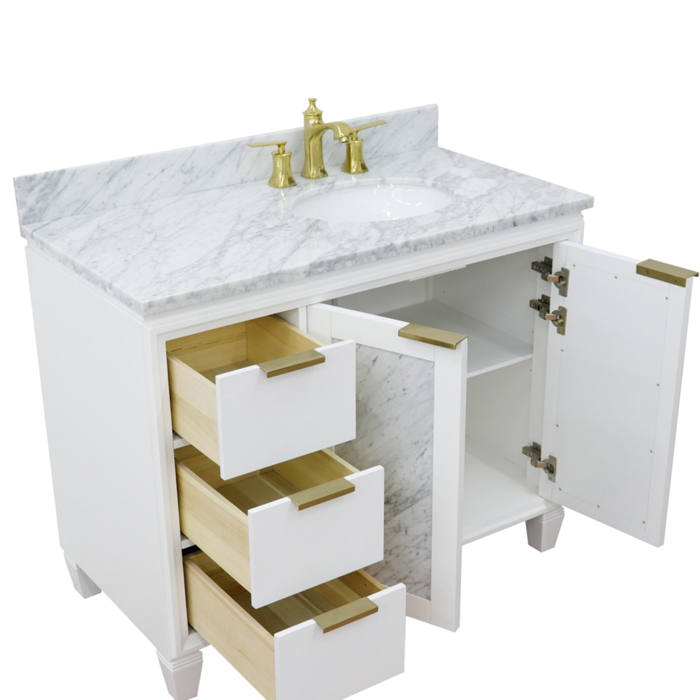 43" Single vanity in White finish with White Carrara and oval sink Right door/Right sink