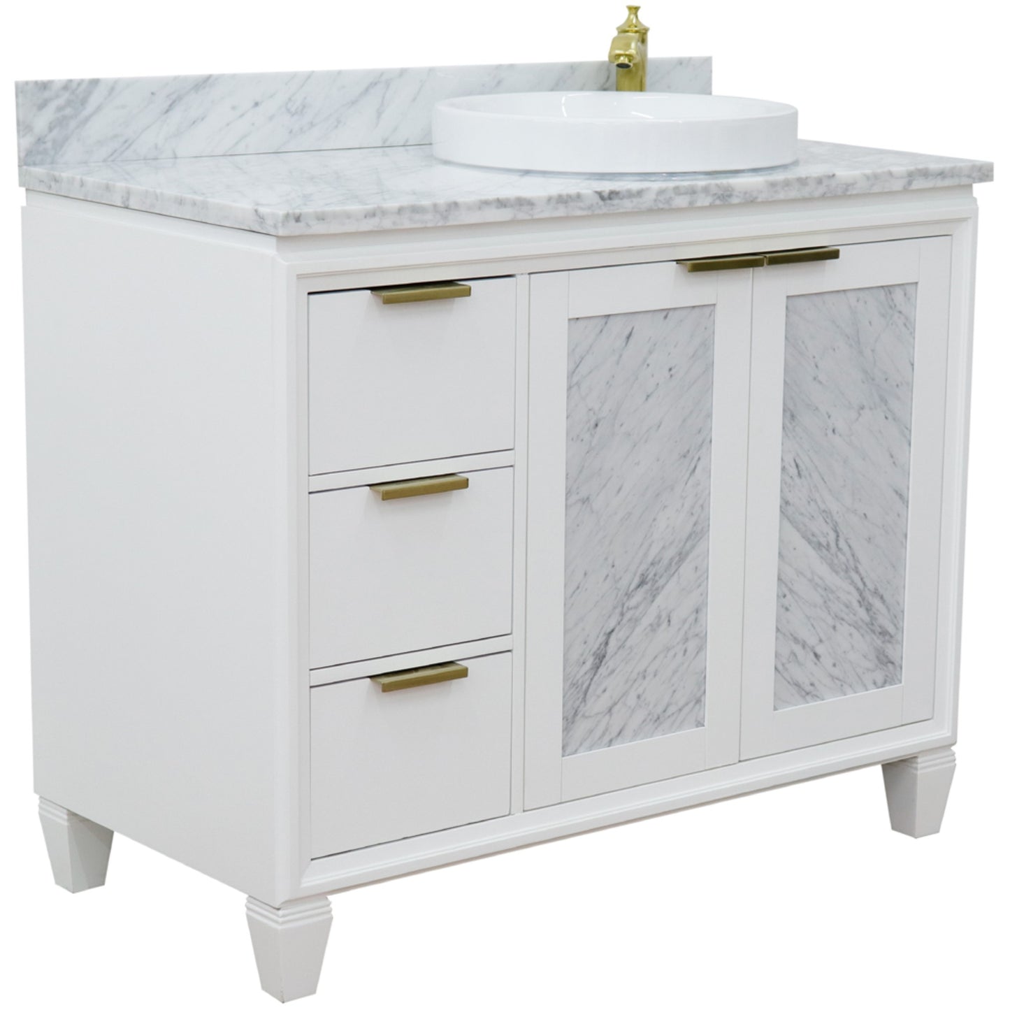 43" Single vanity in White finish with White Carrara and round sink Right door/Right sink