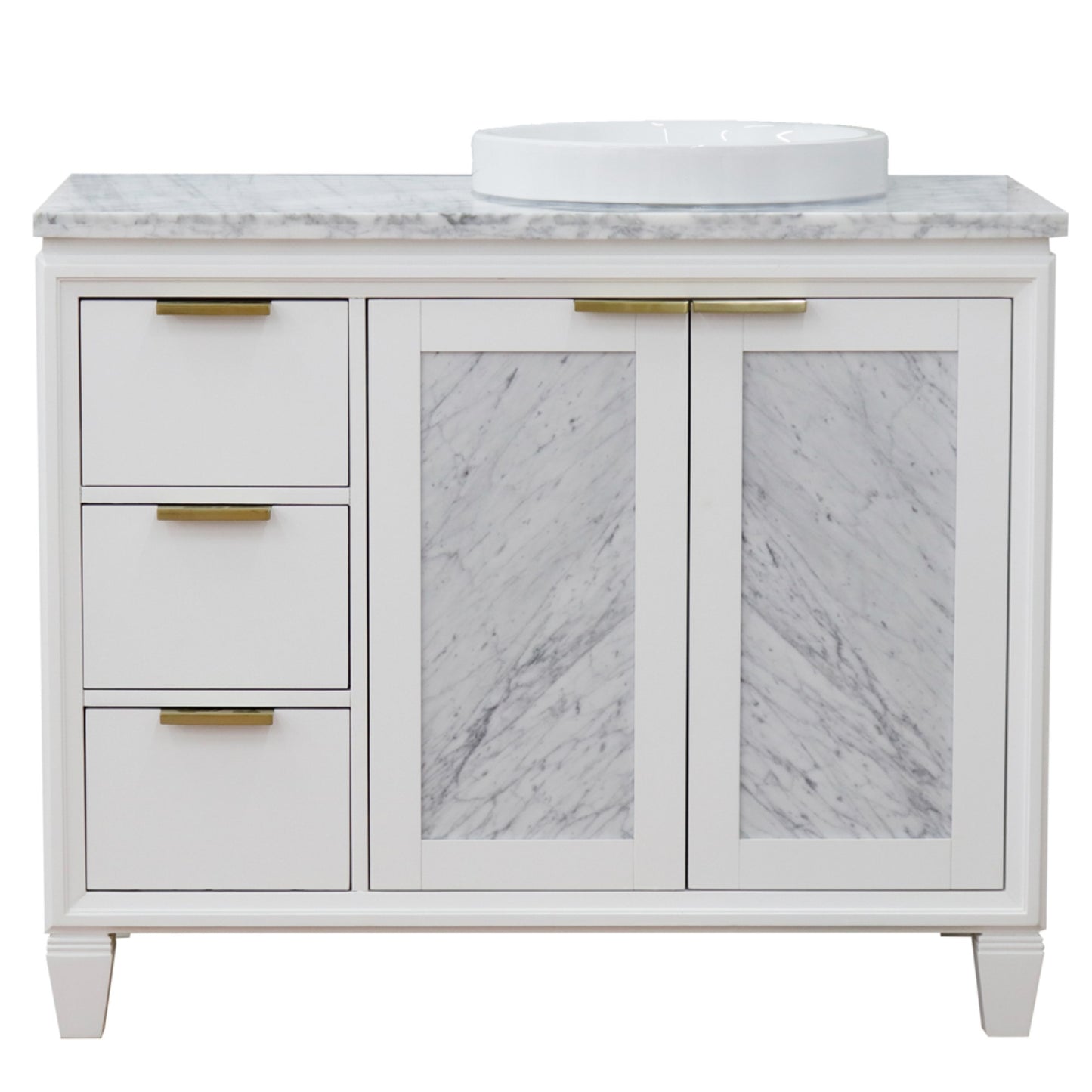 43" Single vanity in White finish with White Carrara and round sink Right door/Right sink