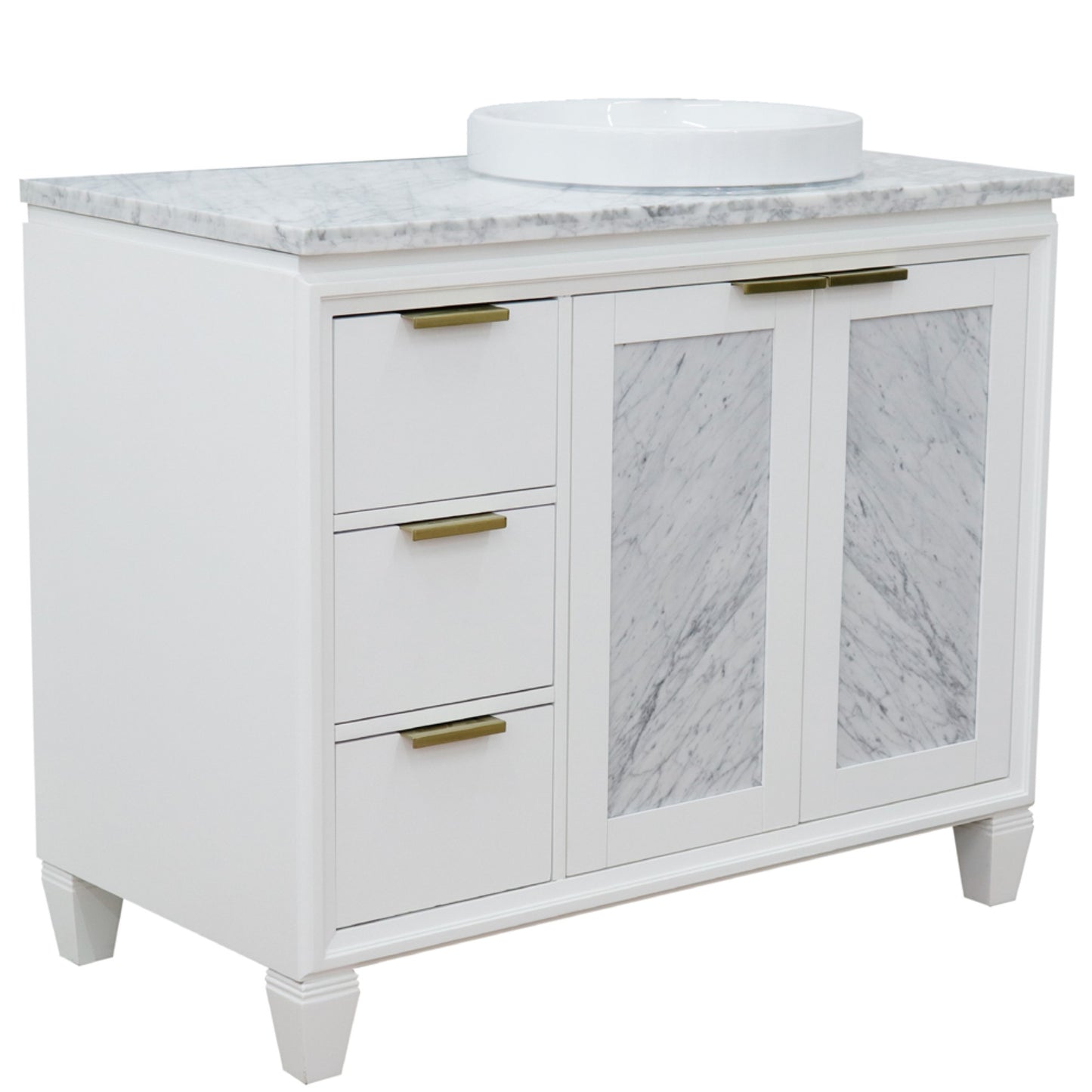 43" Single vanity in White finish with White Carrara and round sink Right door/Right sink