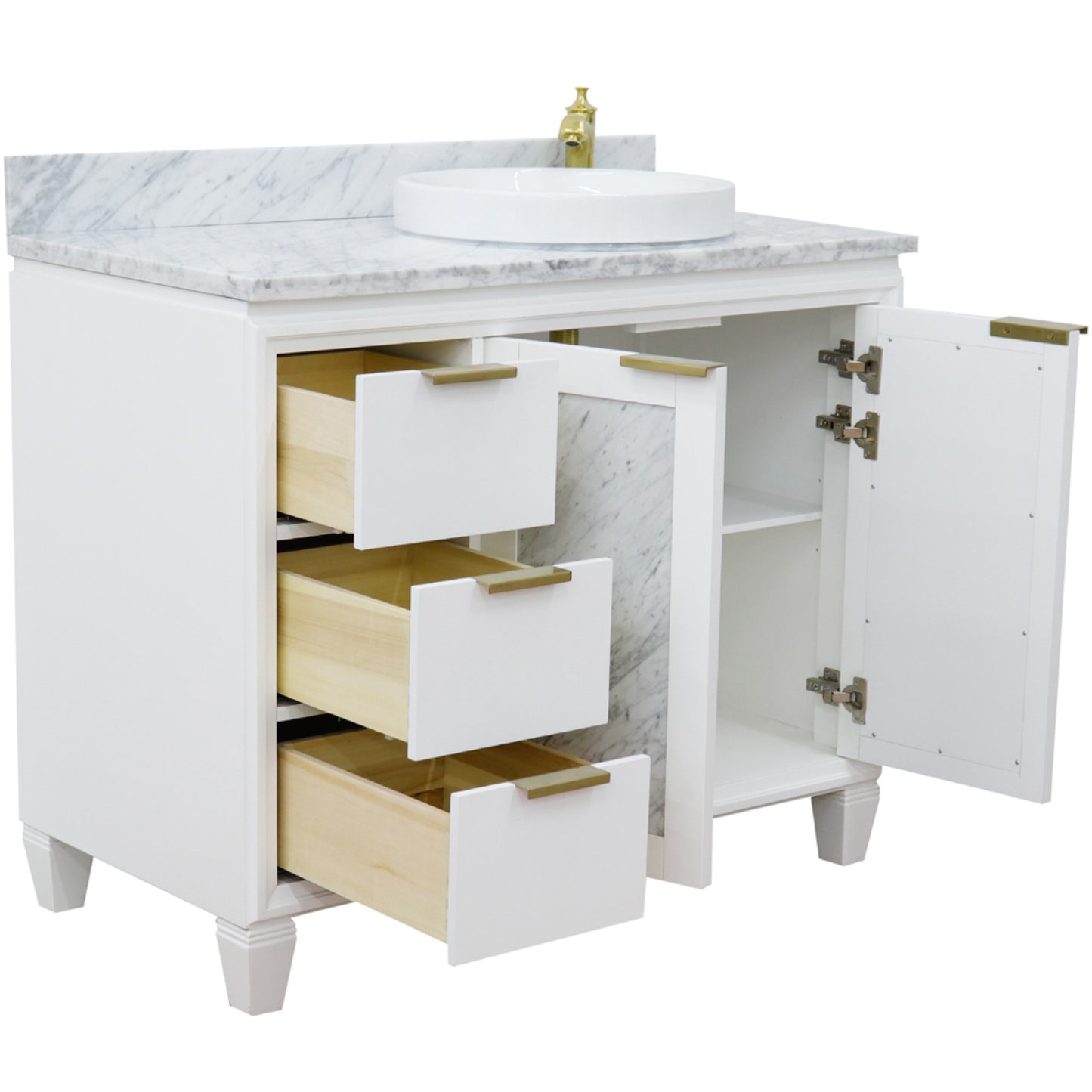 43" Single vanity in White finish with White Carrara and round sink Right door/Right sink