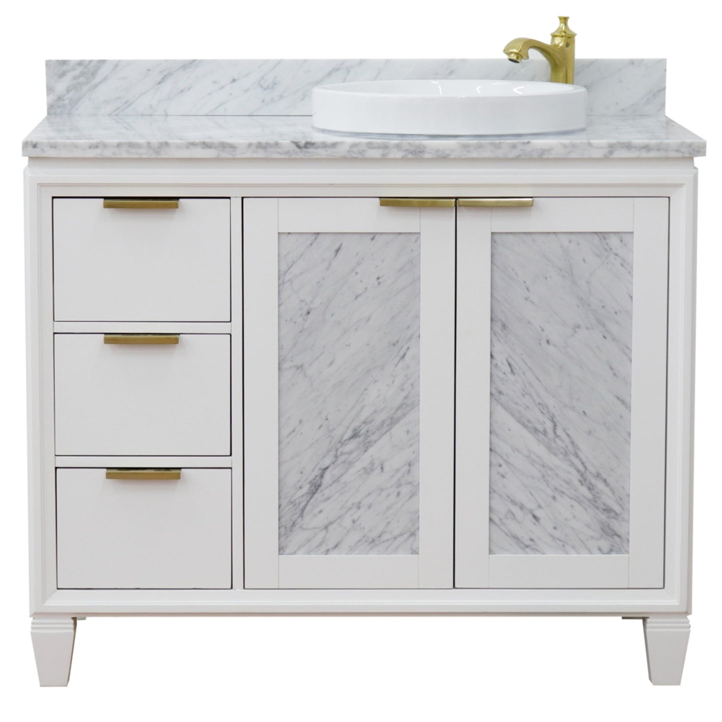 43" Single vanity in White finish with White Carrara and round sink Right door/Right sink