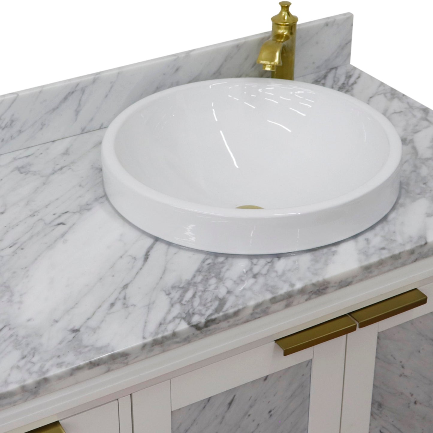 43" Single vanity in White finish with White Carrara and round sink Right door/Right sink