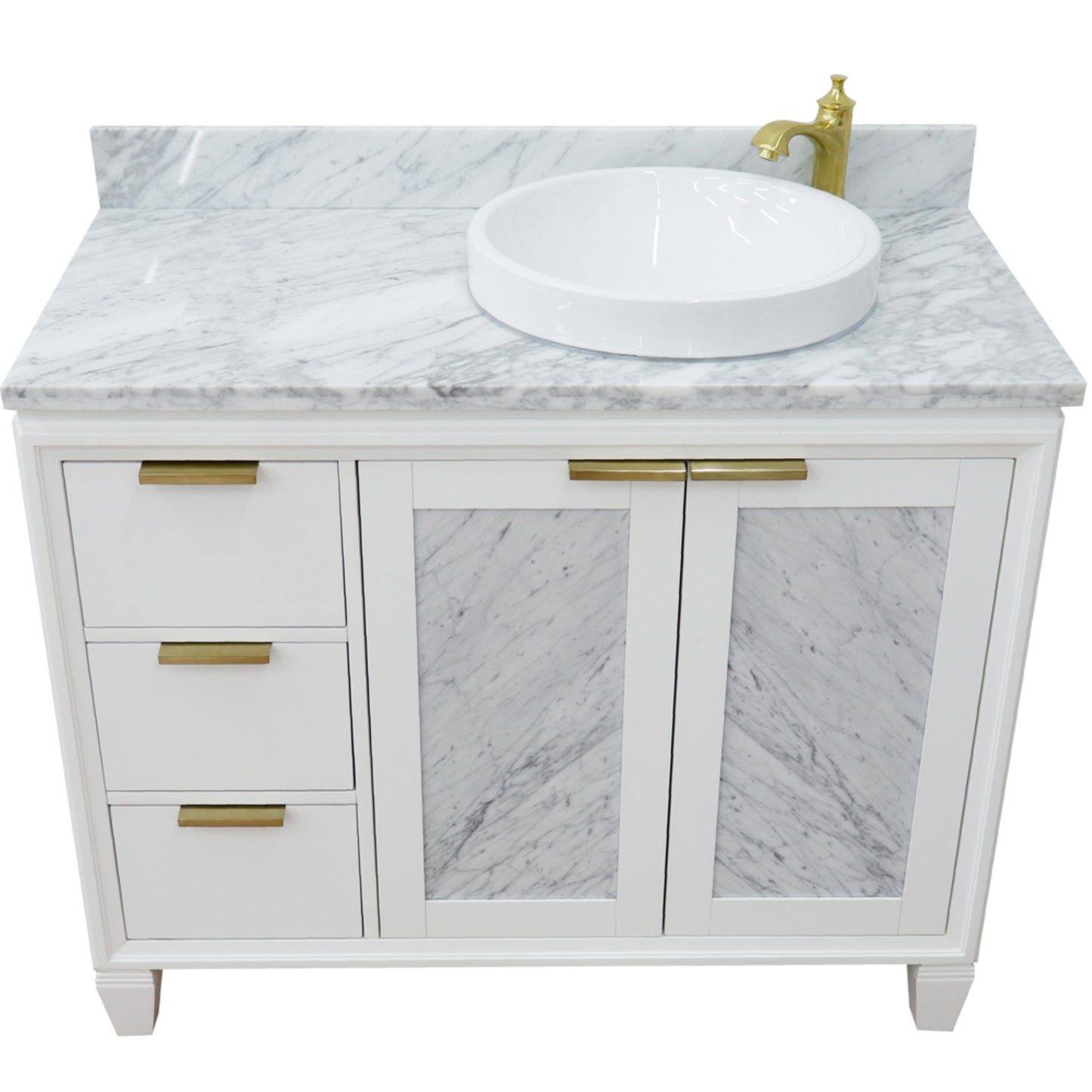 43" Single vanity in White finish with White Carrara and round sink Right door/Right sink