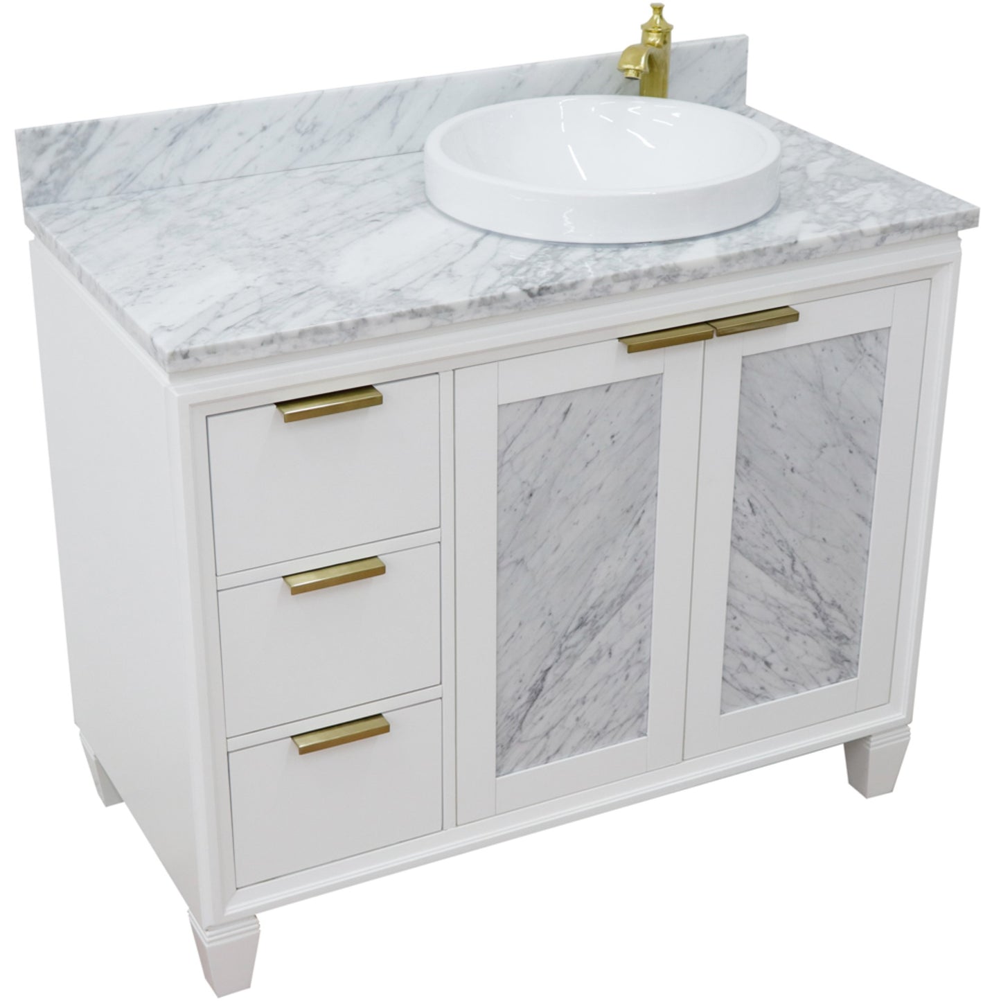 43" Single vanity in White finish with White Carrara and round sink Right door/Right sink