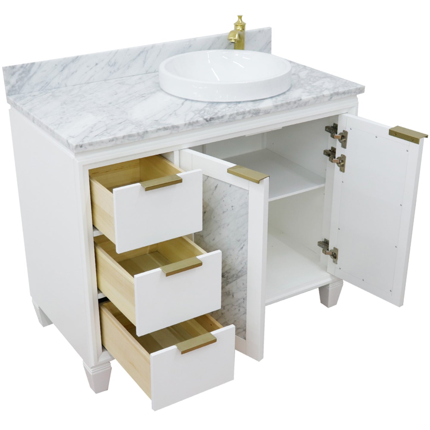 43" Single vanity in White finish with White Carrara and round sink Right door/Right sink