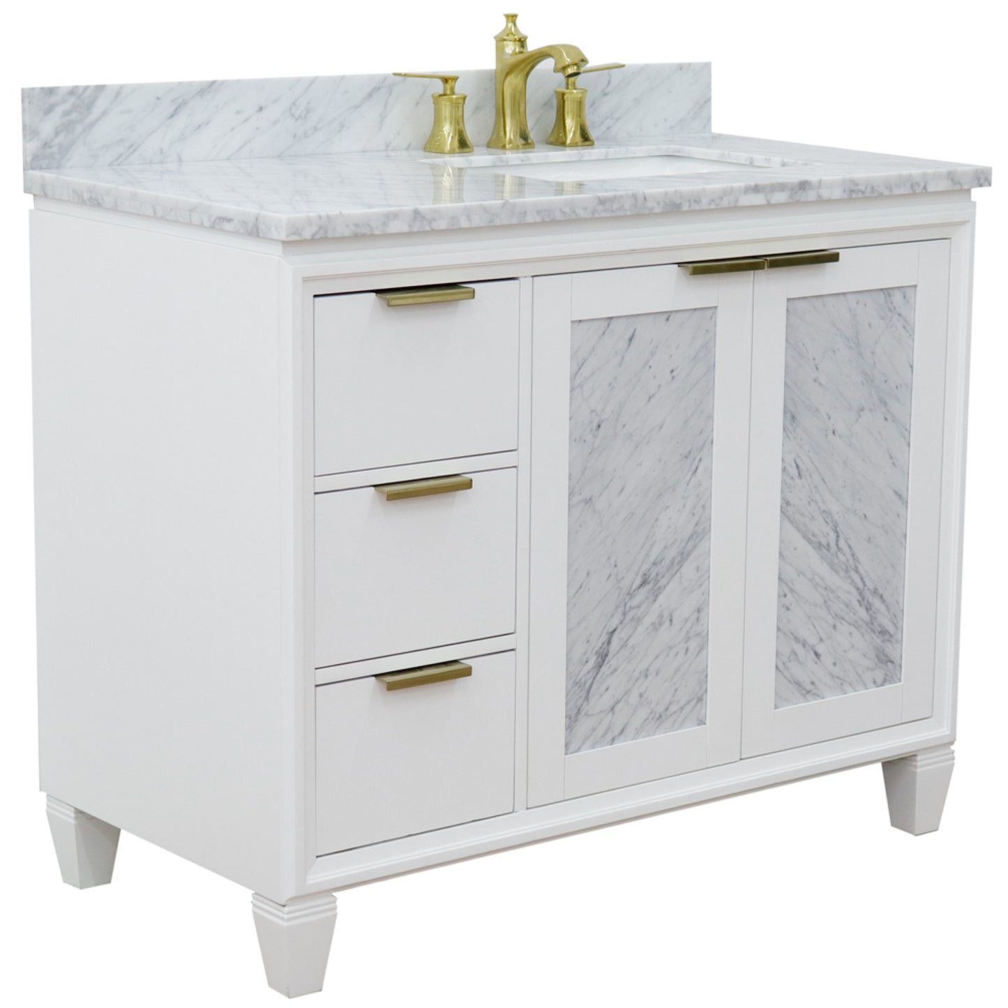 43" Single vanity in White finish with White Carrara and rectangle sink Right door/Right sink
