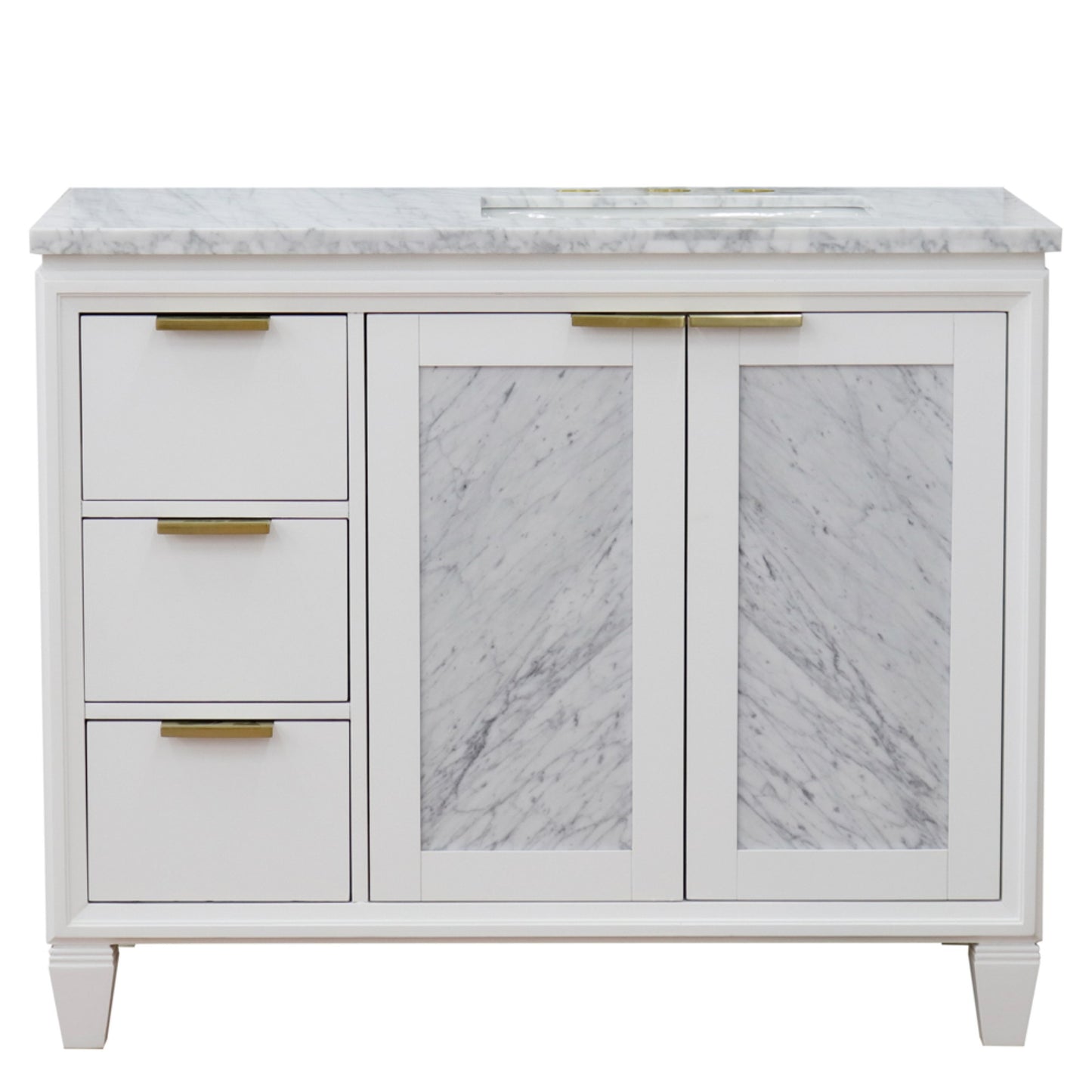43" Single vanity in White finish with White Carrara and rectangle sink Right door/Right sink