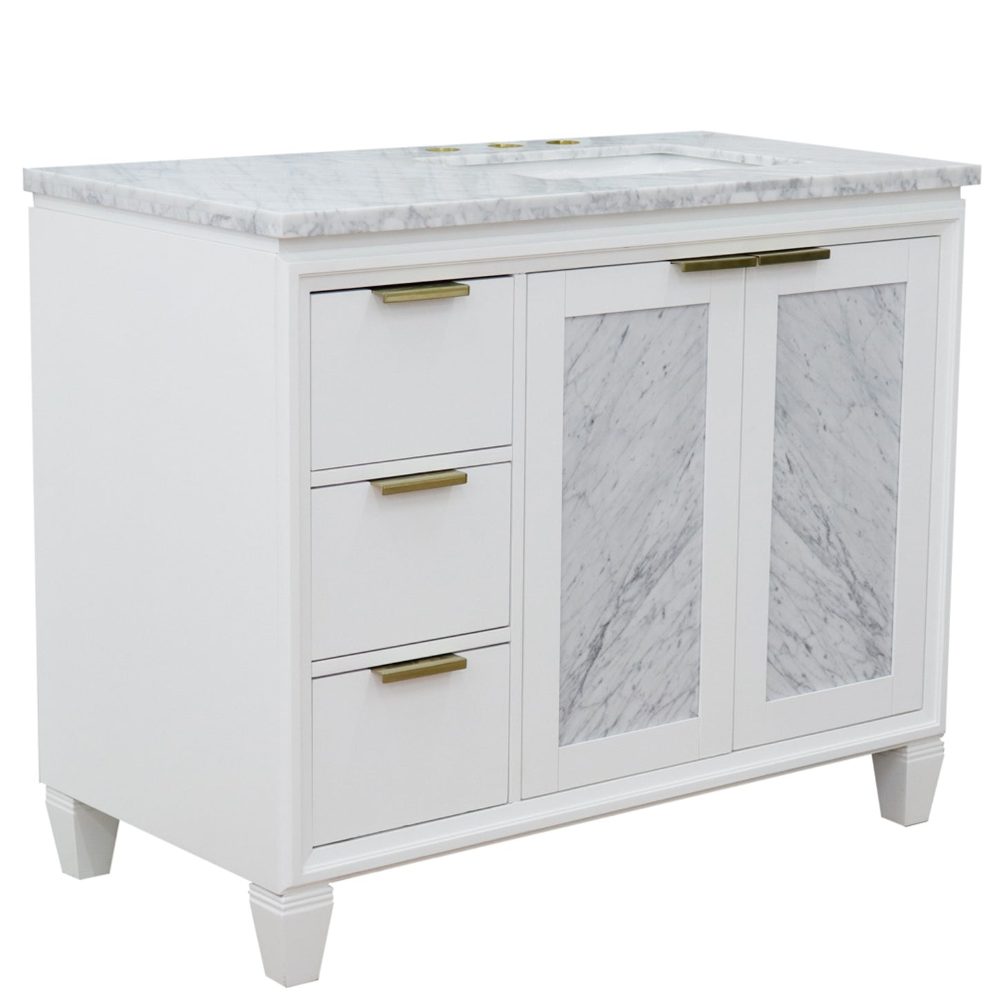 43" Single vanity in White finish with White Carrara and rectangle sink Right door/Right sink