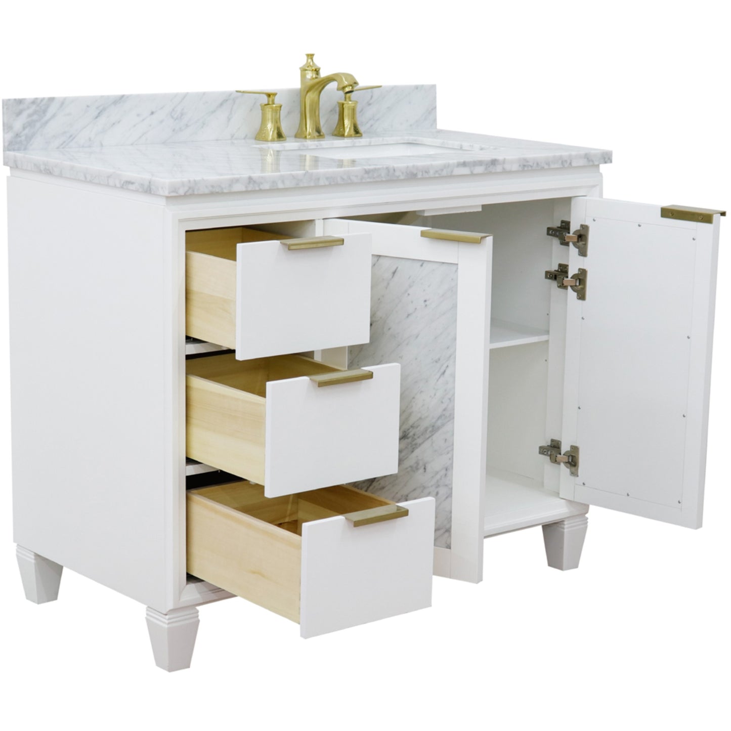 43" Single vanity in White finish with White Carrara and rectangle sink Right door/Right sink