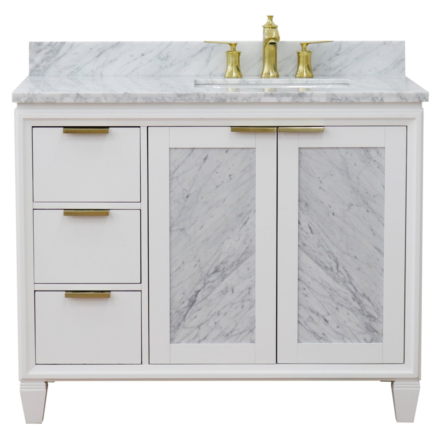 43" Single vanity in White finish with White Carrara and rectangle sink Right door/Right sink