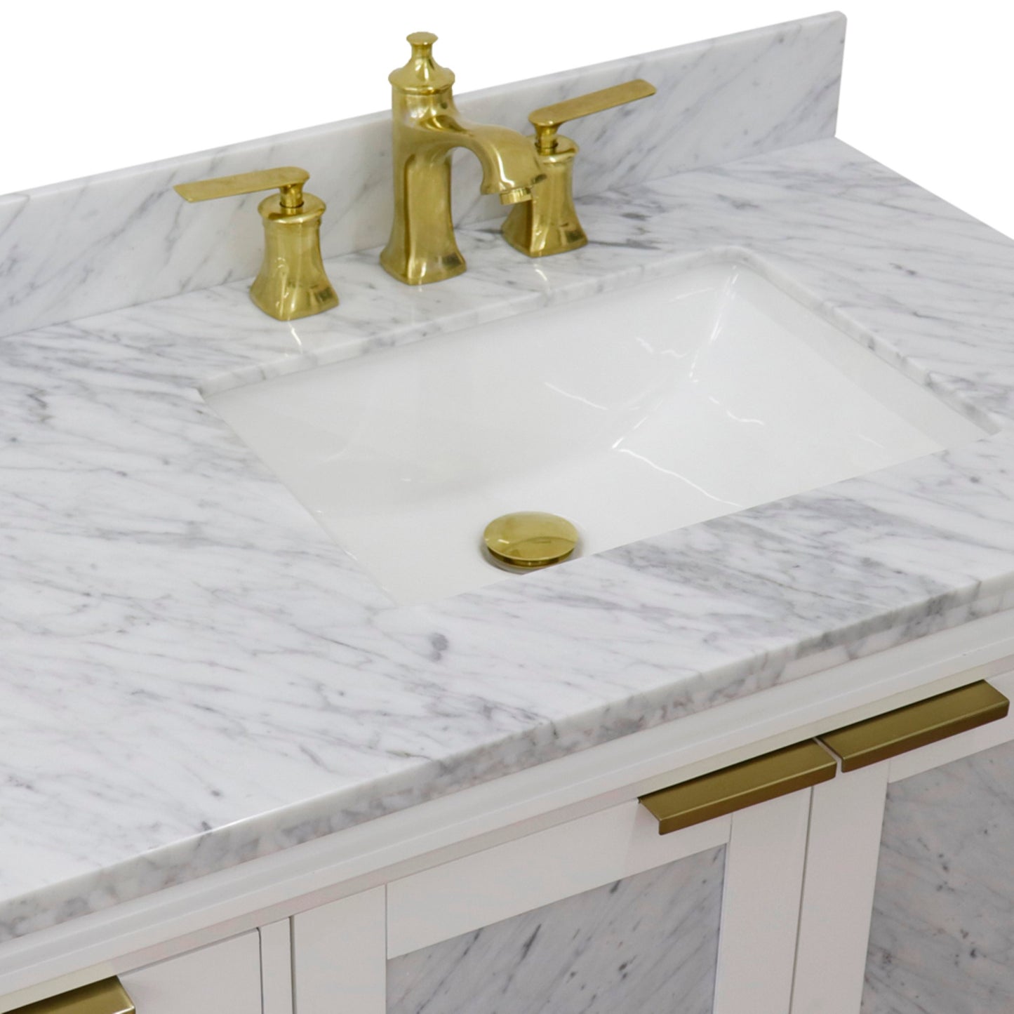 43" Single vanity in White finish with White Carrara and rectangle sink Right door/Right sink