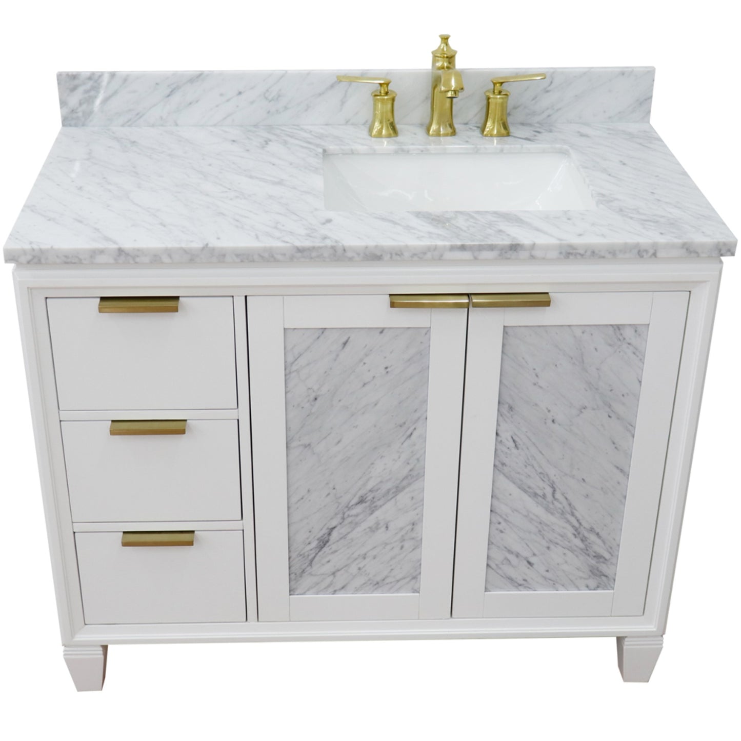 43" Single vanity in White finish with White Carrara and rectangle sink Right door/Right sink