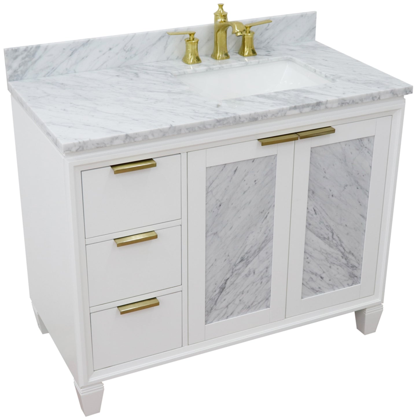 43" Single vanity in White finish with White Carrara and rectangle sink Right door/Right sink