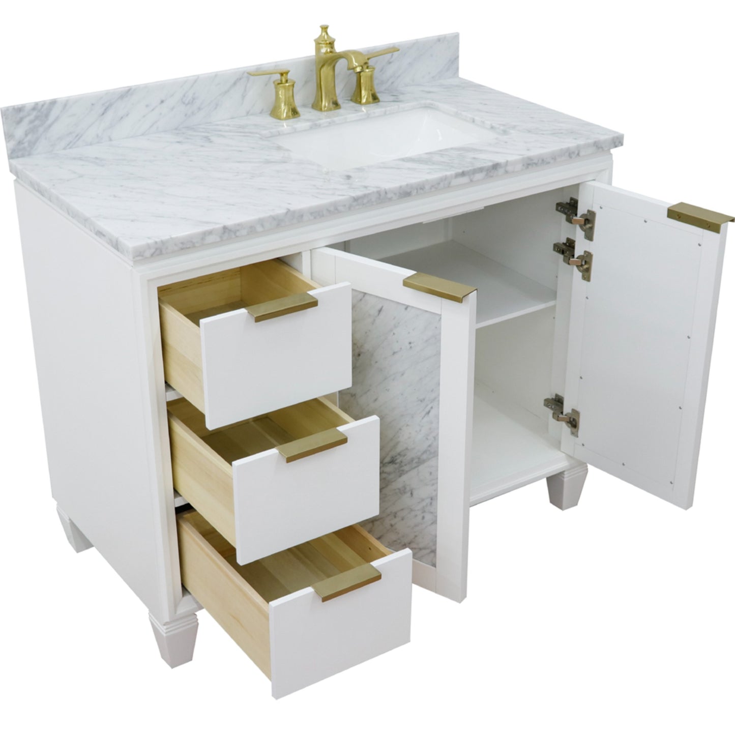 43" Single vanity in White finish with White Carrara and rectangle sink Right door/Right sink